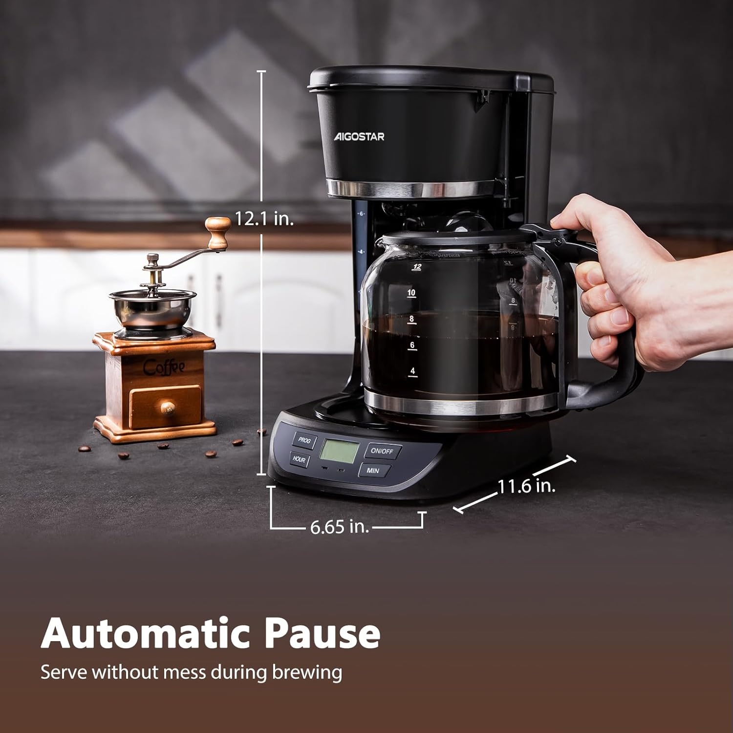 image:imageAigostar Programmable Coffee Maker 12 Cup with Glass Carafe Auto Pause amp Keep Warm 24H Timer Permanent Filter Black