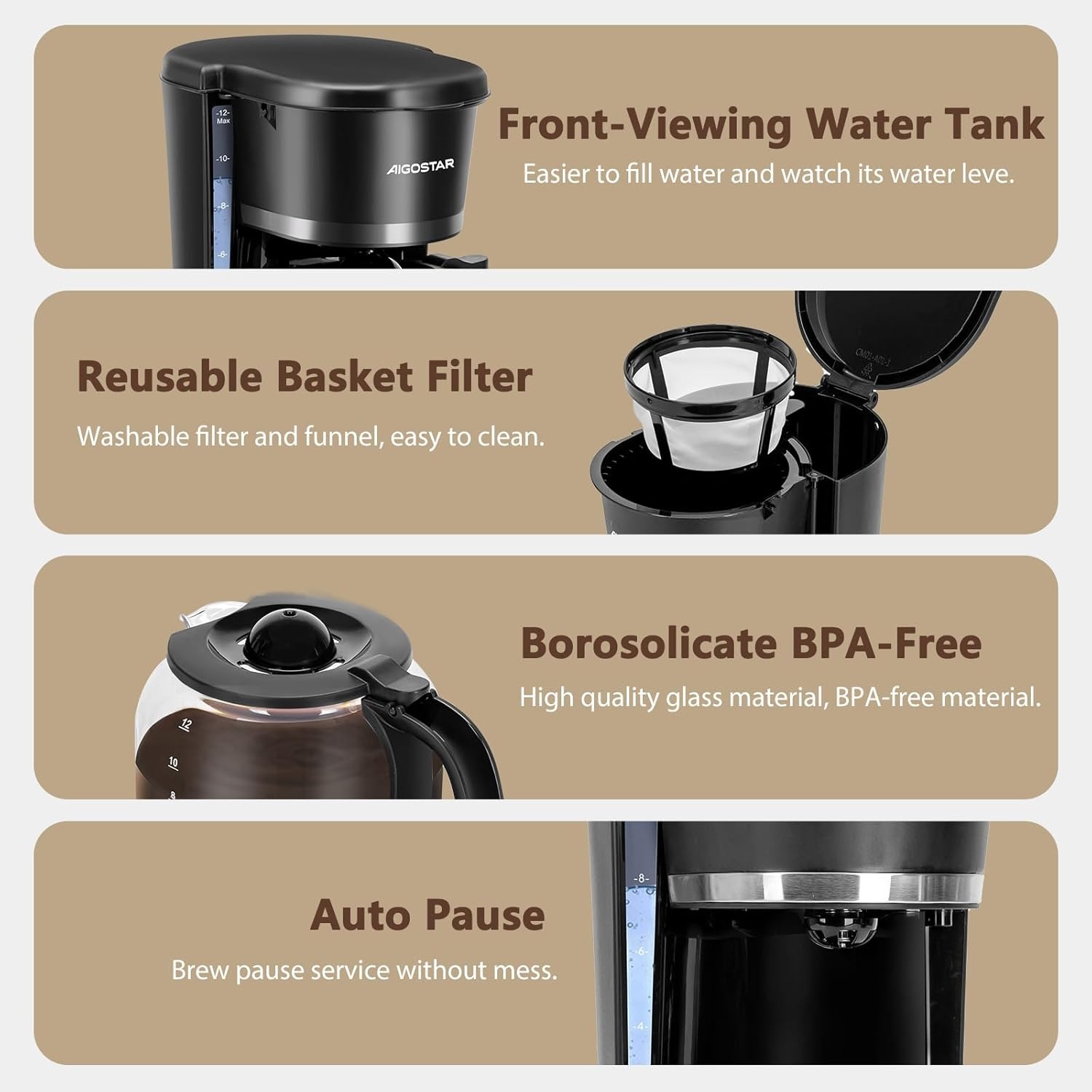 image:imageAigostar Programmable Coffee Maker 12 Cup with Glass Carafe Auto Pause amp Keep Warm 24H Timer Permanent Filter Black