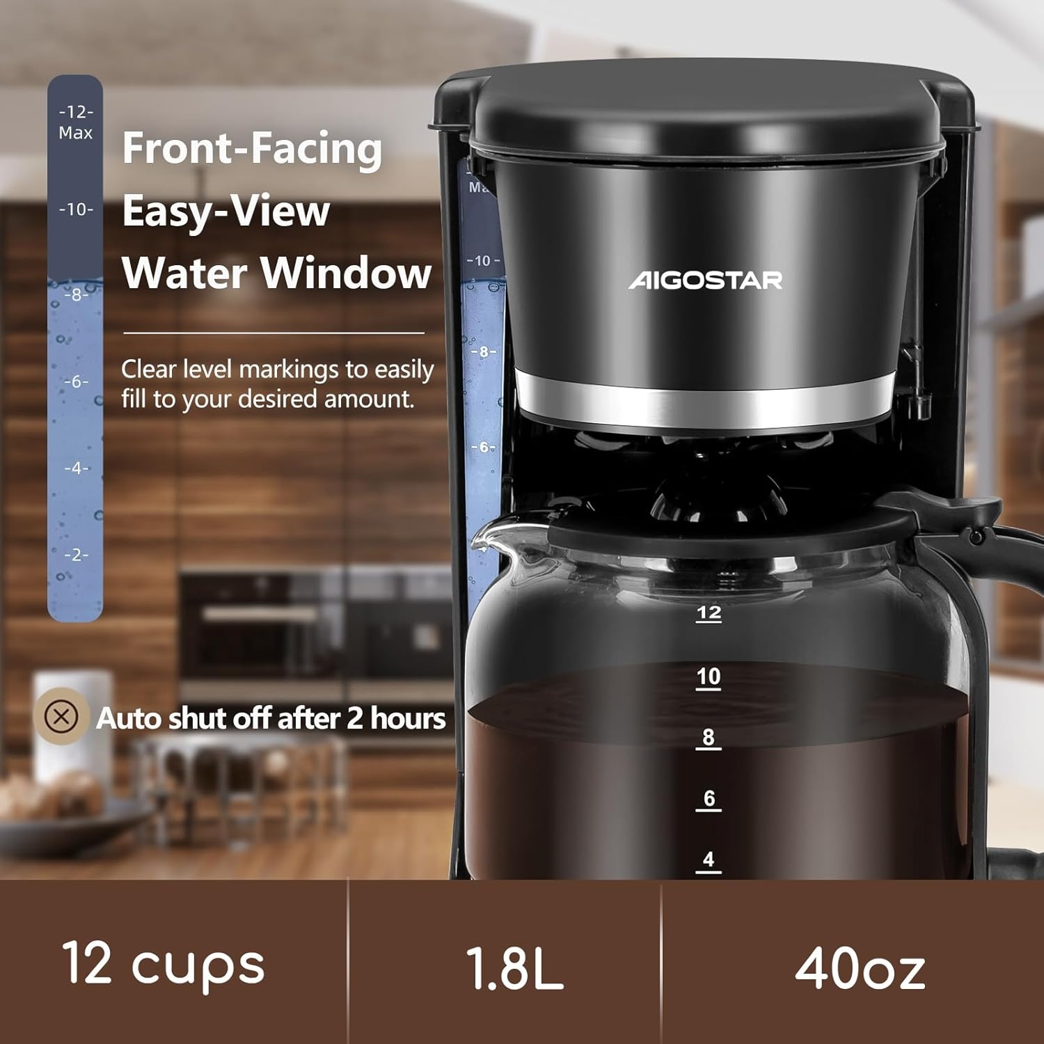 image:imageAigostar Programmable Coffee Maker 12 Cup with Glass Carafe Auto Pause amp Keep Warm 24H Timer Permanent Filter Black