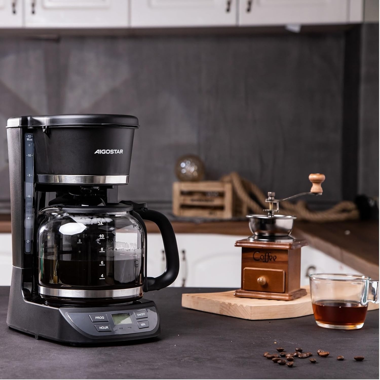 image:imageAigostar Programmable Coffee Maker 12 Cup with Glass Carafe Auto Pause amp Keep Warm 24H Timer Permanent Filter Black