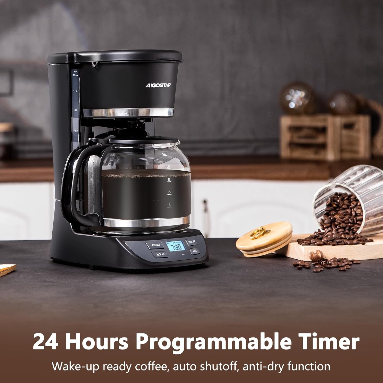 image:imageAigostar Programmable Coffee Maker 12 Cup with Glass Carafe Auto Pause amp Keep Warm 24H Timer Permanent Filter Black