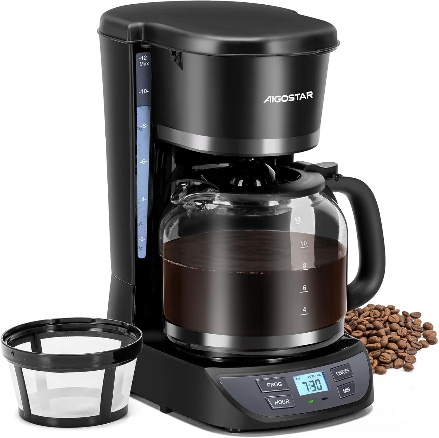 image:imageAigostar Programmable Coffee Maker 12 Cup with Glass Carafe Auto Pause amp Keep Warm 24H Timer Permanent Filter Black