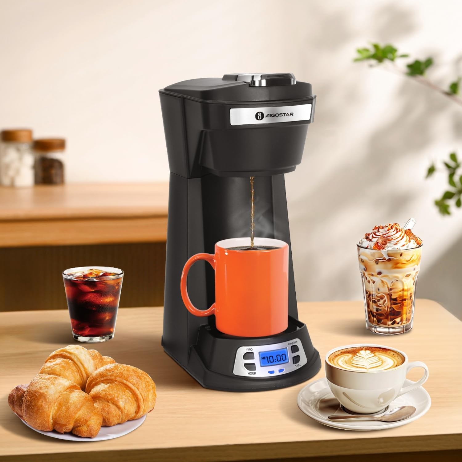 image:imageAigostar Single Serve Coffee Maker for K Cup and Ground Coffee 24H Timer 6 to 14 Oz Brew Sizes Single Cup Coffee Maker with SelfCleaning Fits Travel Mug Fast Brewing Capsule Coffee MachineBlack