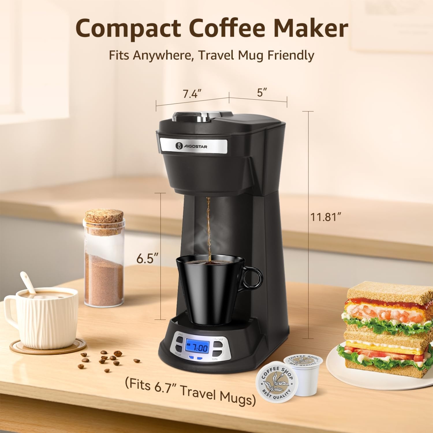 image:imageAigostar Single Serve Coffee Maker for K Cup and Ground Coffee 24H Timer 6 to 14 Oz Brew Sizes Single Cup Coffee Maker with SelfCleaning Fits Travel Mug Fast Brewing Capsule Coffee MachineBlack