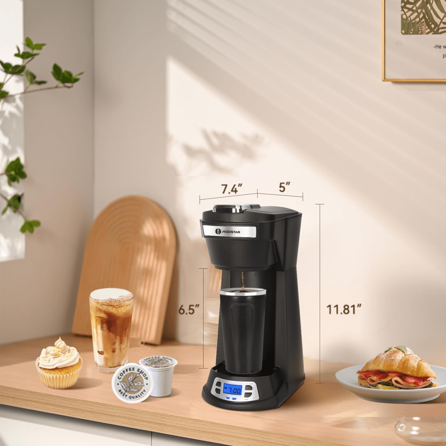 image:imageAigostar Single Serve Coffee Maker for K Cup and Ground Coffee 24H Timer 6 to 14 Oz Brew Sizes Single Cup Coffee Maker with SelfCleaning Fits Travel Mug Fast Brewing Capsule Coffee MachineBlack