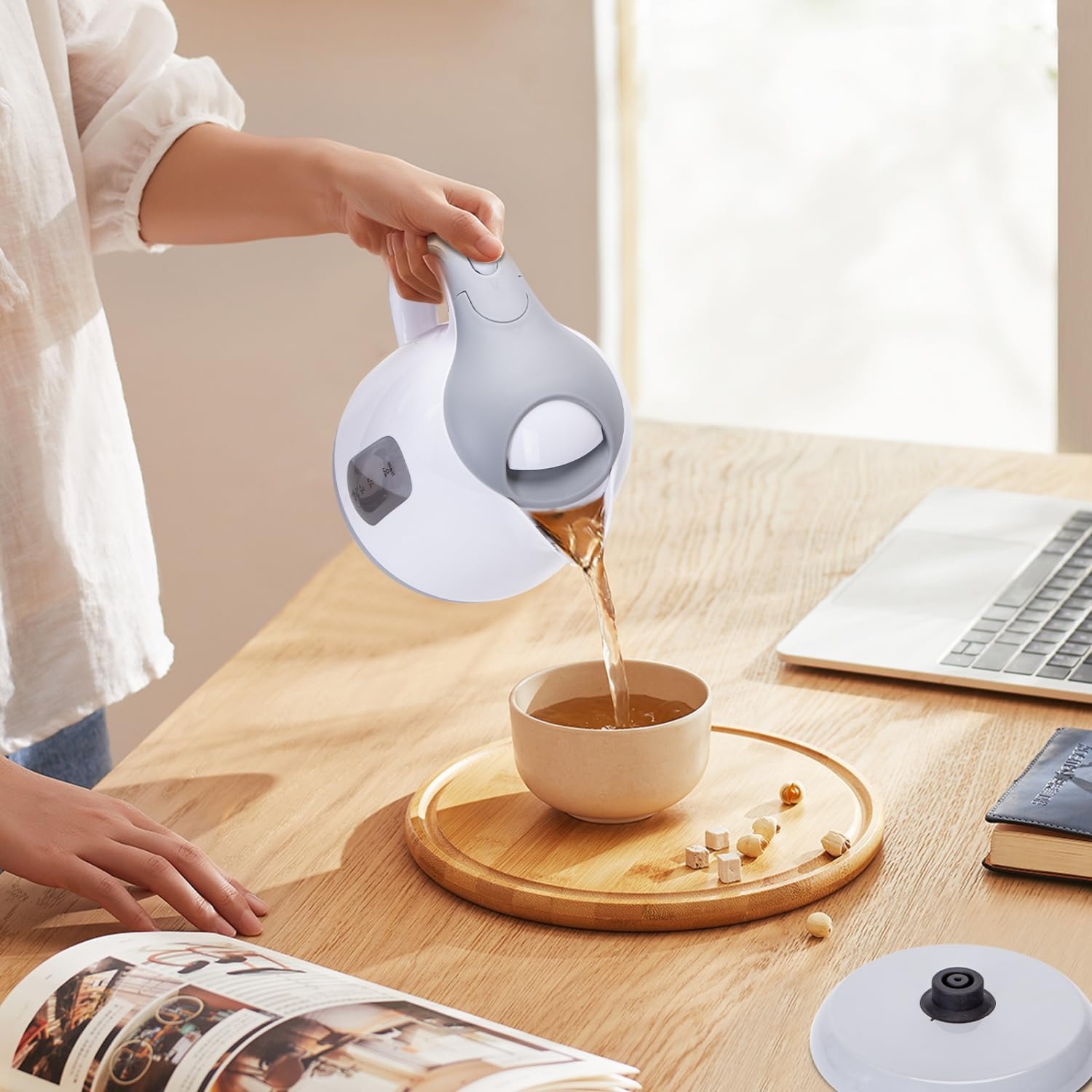 image:imageAigostar Small Electric Kettle 1L Portable Electric Tea Kettle 1100W with Automatic ShutOff and Boil Dry Protection Travel Hot Water Boiler Cordless for Making Coffee and Tea BPAFree BrownGrey