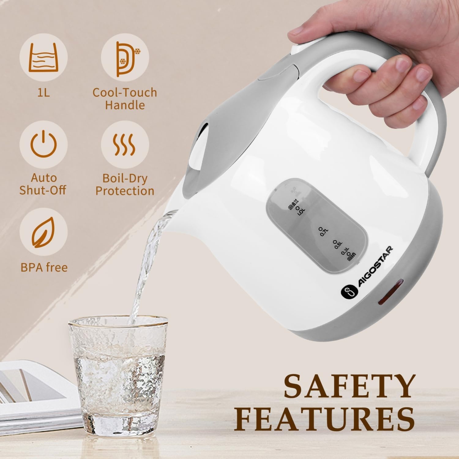image:imageAigostar Small Electric Kettle 1L Portable Electric Tea Kettle 1100W with Automatic ShutOff and Boil Dry Protection Travel Hot Water Boiler Cordless for Making Coffee and Tea BPAFree BrownGrey
