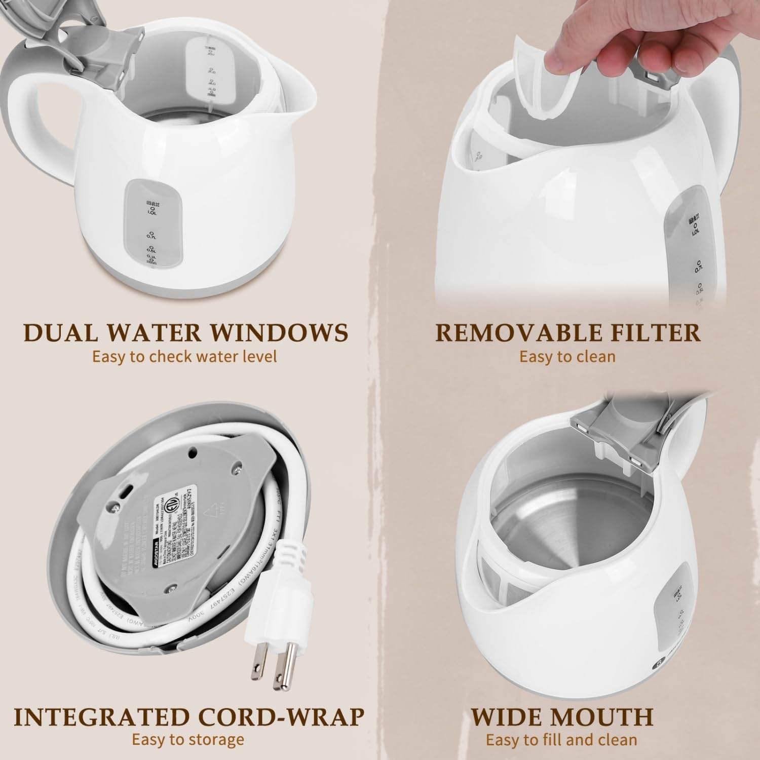 image:imageAigostar Small Electric Kettle 1L Portable Electric Tea Kettle 1100W with Automatic ShutOff and Boil Dry Protection Travel Hot Water Boiler Cordless for Making Coffee and Tea BPAFree BrownGrey
