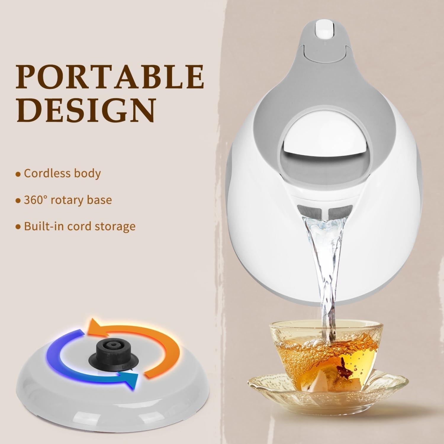 image:imageAigostar Small Electric Kettle 1L Portable Electric Tea Kettle 1100W with Automatic ShutOff and Boil Dry Protection Travel Hot Water Boiler Cordless for Making Coffee and Tea BPAFree BrownGrey