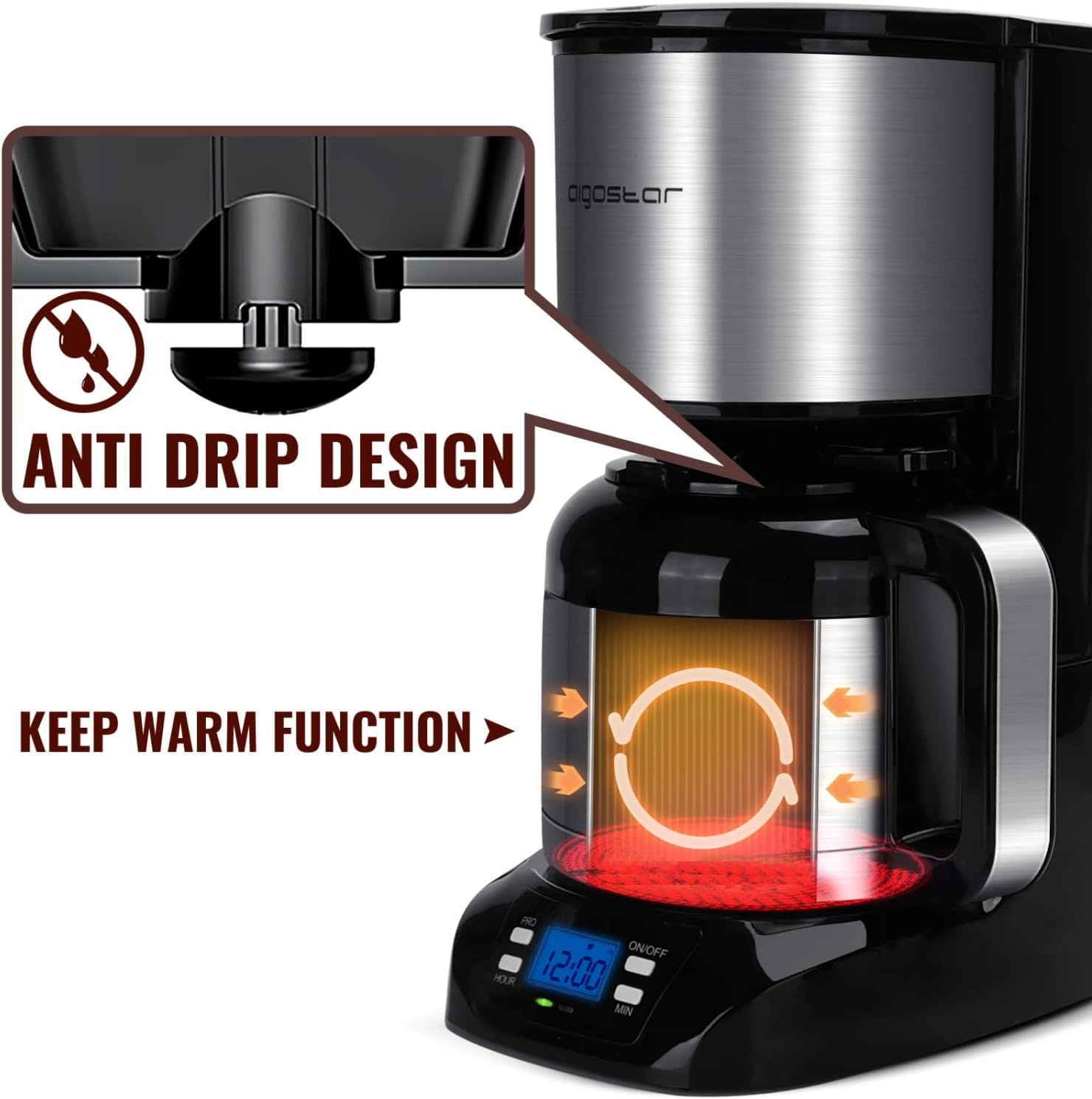 image:imageAigostar Stainless Steel Coffee Maker 8 Cup Programmable Coffee Maker with Thermal Carafe 24H Timer and Reusable Filter AntiDrip System Drip Coffee Maker with Quick Brew Technology Black