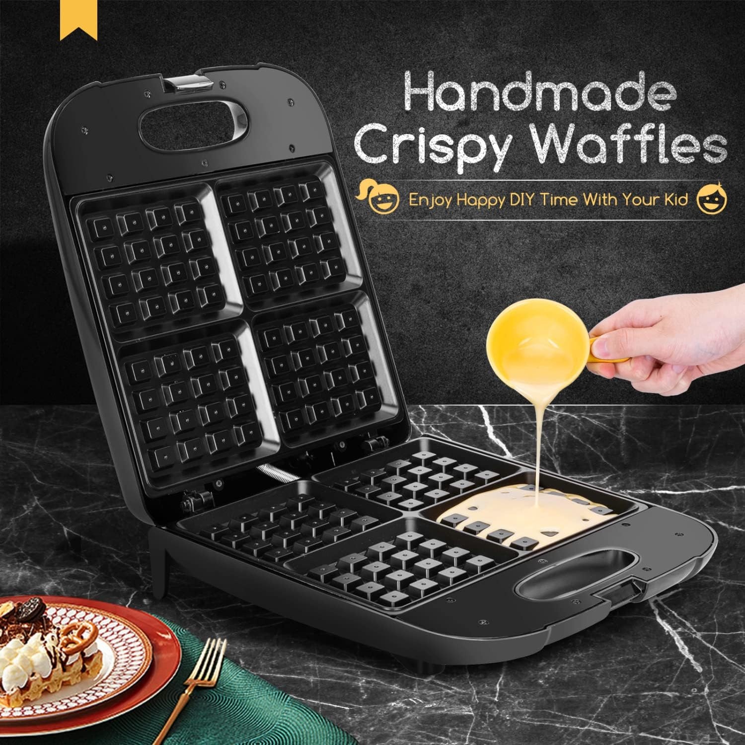image:imageAigostar Waffle Maker 4Slice Nonstick Waffle Iron 1400W Square Waffle Machine with Indicator Lights for Hash Browns Snacks Breakfast amp Lunch Easy to Clean PFOA Free ETL Certificated Black