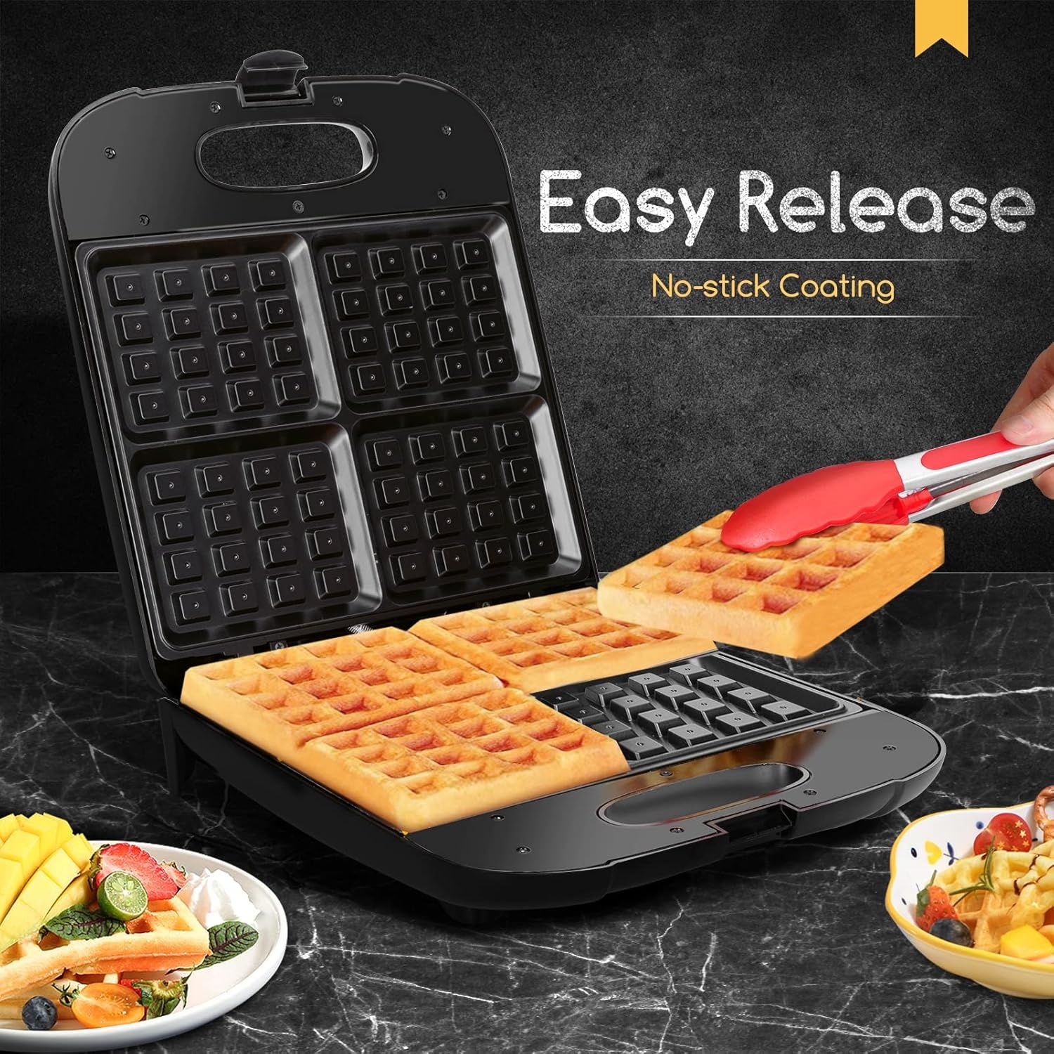 image:imageAigostar Waffle Maker 4Slice Nonstick Waffle Iron 1400W Square Waffle Machine with Indicator Lights for Hash Browns Snacks Breakfast amp Lunch Easy to Clean PFOA Free ETL Certificated Black