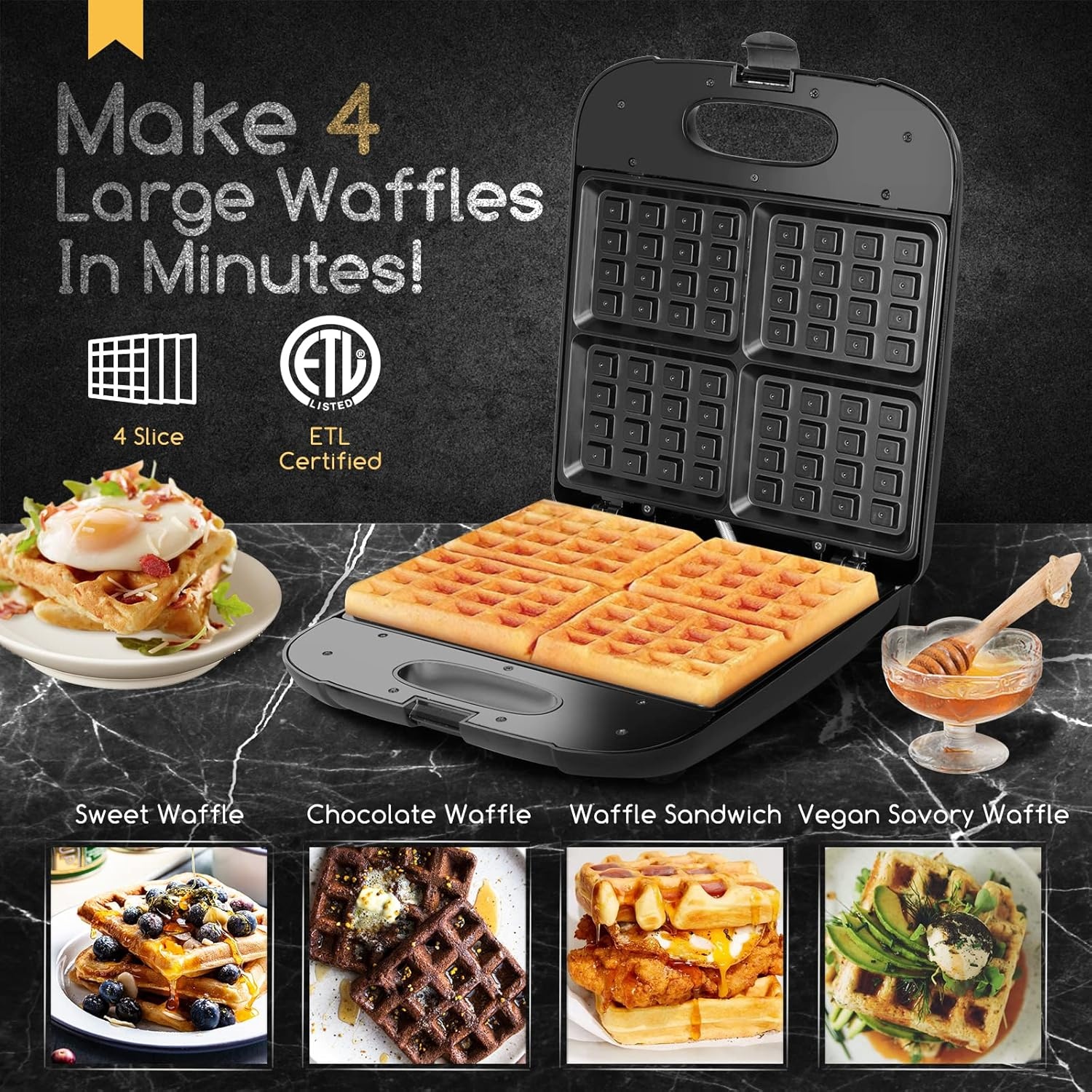 image:imageAigostar Waffle Maker 4Slice Nonstick Waffle Iron 1400W Square Waffle Machine with Indicator Lights for Hash Browns Snacks Breakfast amp Lunch Easy to Clean PFOA Free ETL Certificated Black