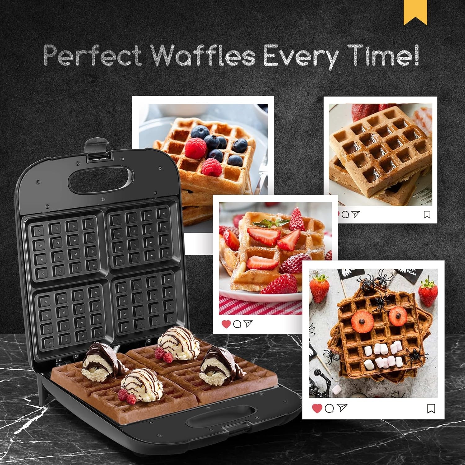 image:imageAigostar Waffle Maker 4Slice Nonstick Waffle Iron 1400W Square Waffle Machine with Indicator Lights for Hash Browns Snacks Breakfast amp Lunch Easy to Clean PFOA Free ETL Certificated Black