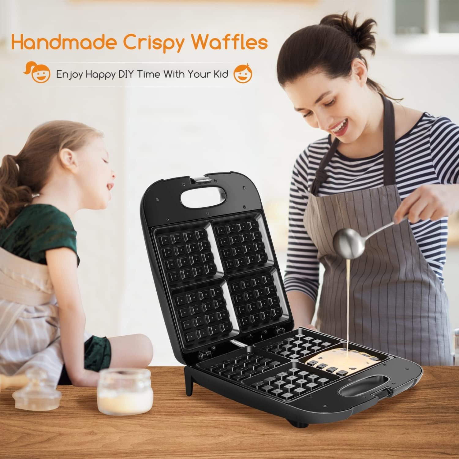 image:imageAigostar Waffle Maker 4Slice Nonstick Waffle Iron 1400W Square Waffle Machine with Indicator Lights for Hash Browns Snacks Breakfast amp Lunch Easy to Clean PFOA Free ETL Certificated Black