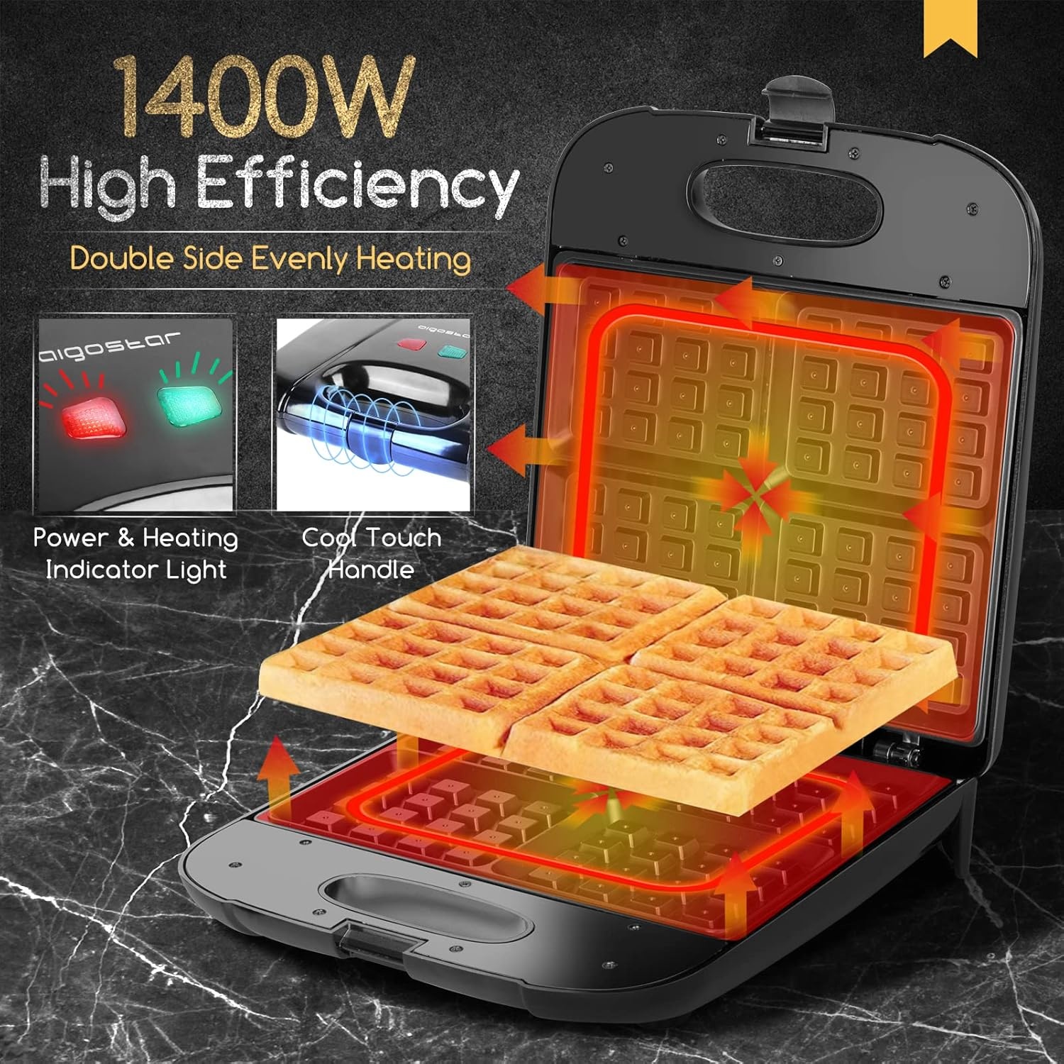 image:imageAigostar Waffle Maker 4Slice Nonstick Waffle Iron 1400W Square Waffle Machine with Indicator Lights for Hash Browns Snacks Breakfast amp Lunch Easy to Clean PFOA Free ETL Certificated Black