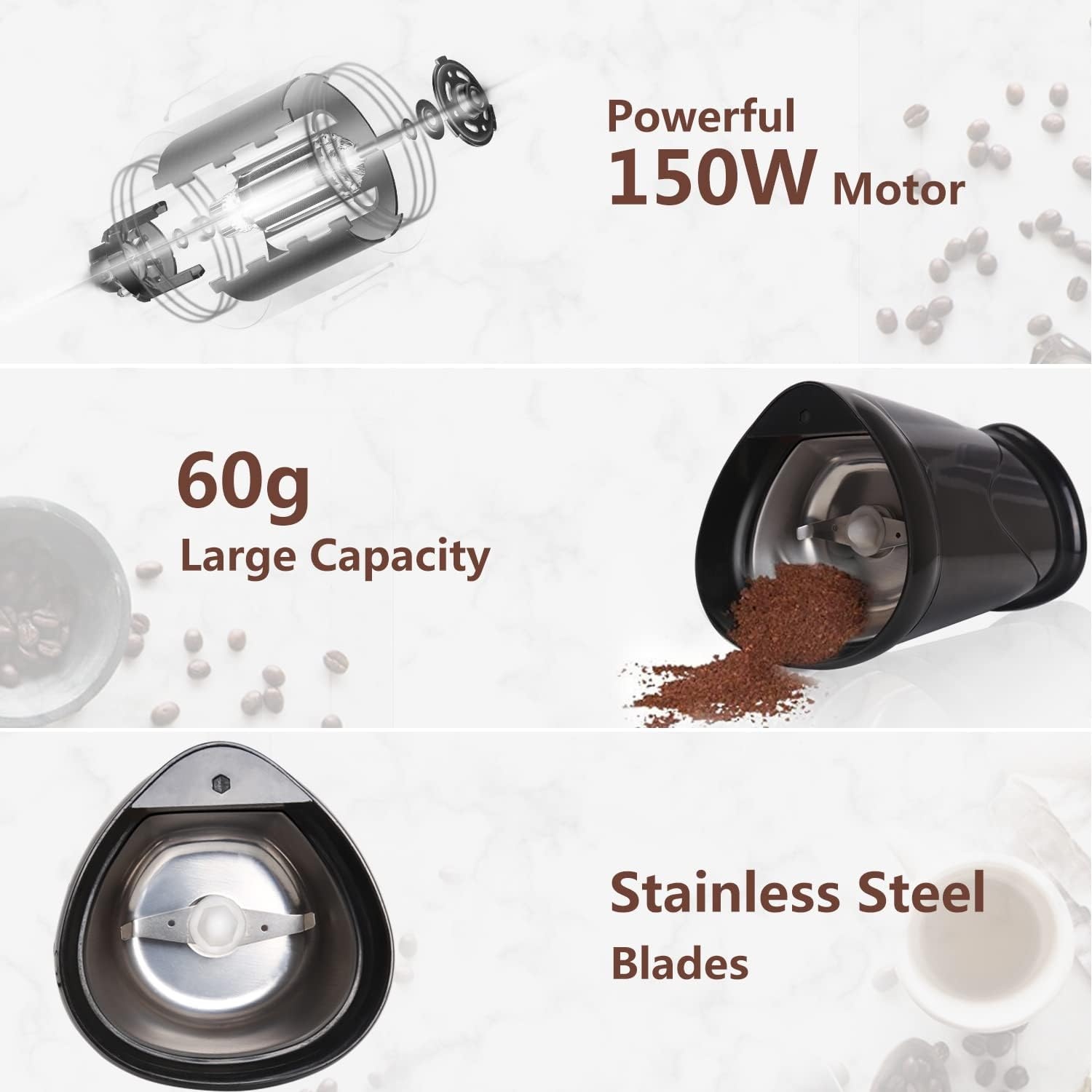 image:imageCoffee Grinder Electric 60g2oz Large Capacity Aigostar Coffee Bean Grinder Spice Grinder wOne Touch Operation Stainless Steel Blades Cleaning Brush Black