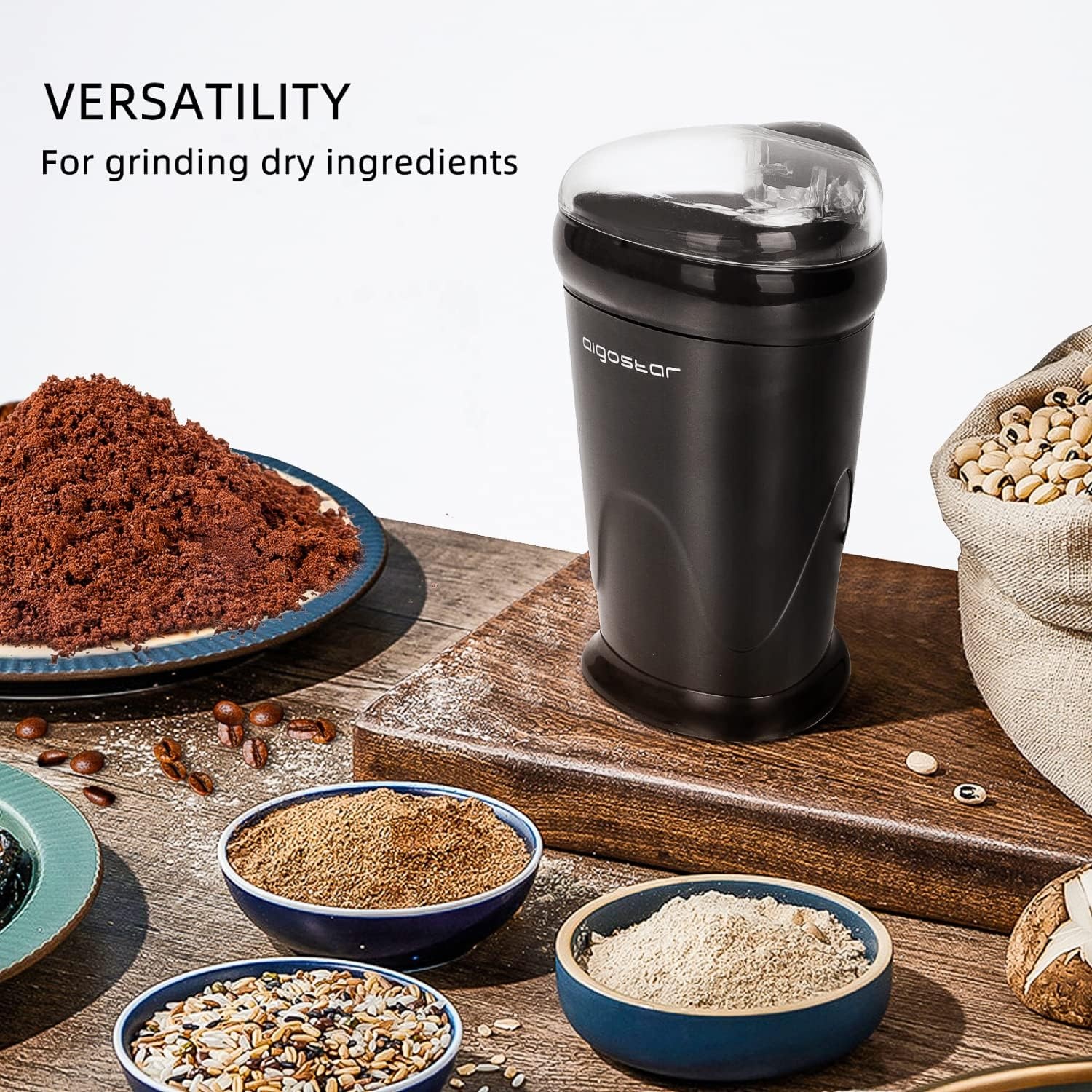 image:imageCoffee Grinder Electric 60g2oz Large Capacity Aigostar Coffee Bean Grinder Spice Grinder wOne Touch Operation Stainless Steel Blades Cleaning Brush Black