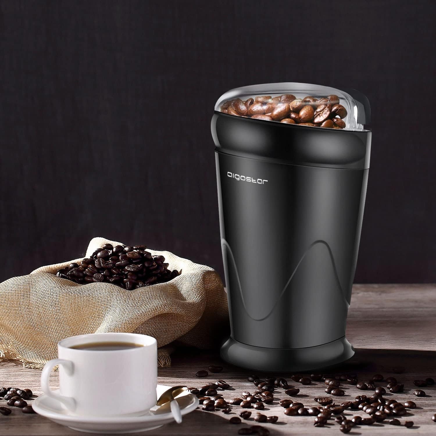 image:imageCoffee Grinder Electric 60g2oz Large Capacity Aigostar Coffee Bean Grinder Spice Grinder wOne Touch Operation Stainless Steel Blades Cleaning Brush Black