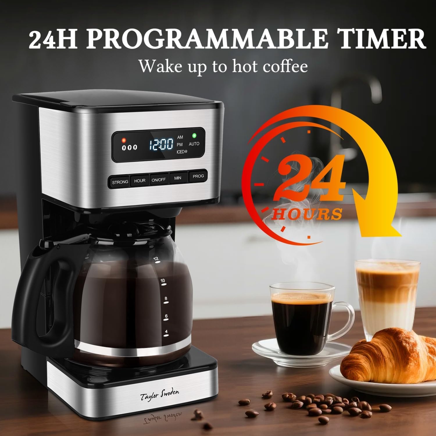 image:imageTaylor Swoden Programmable Coffee Makers 12 Cup Hot and Iced Coffee Maker 4 Brew Strength LED Display 24H Timer Keep WarmampAuto Shutoff Drip Coffee Machine for HomeOffice Gray amp Stainless SteelBlack