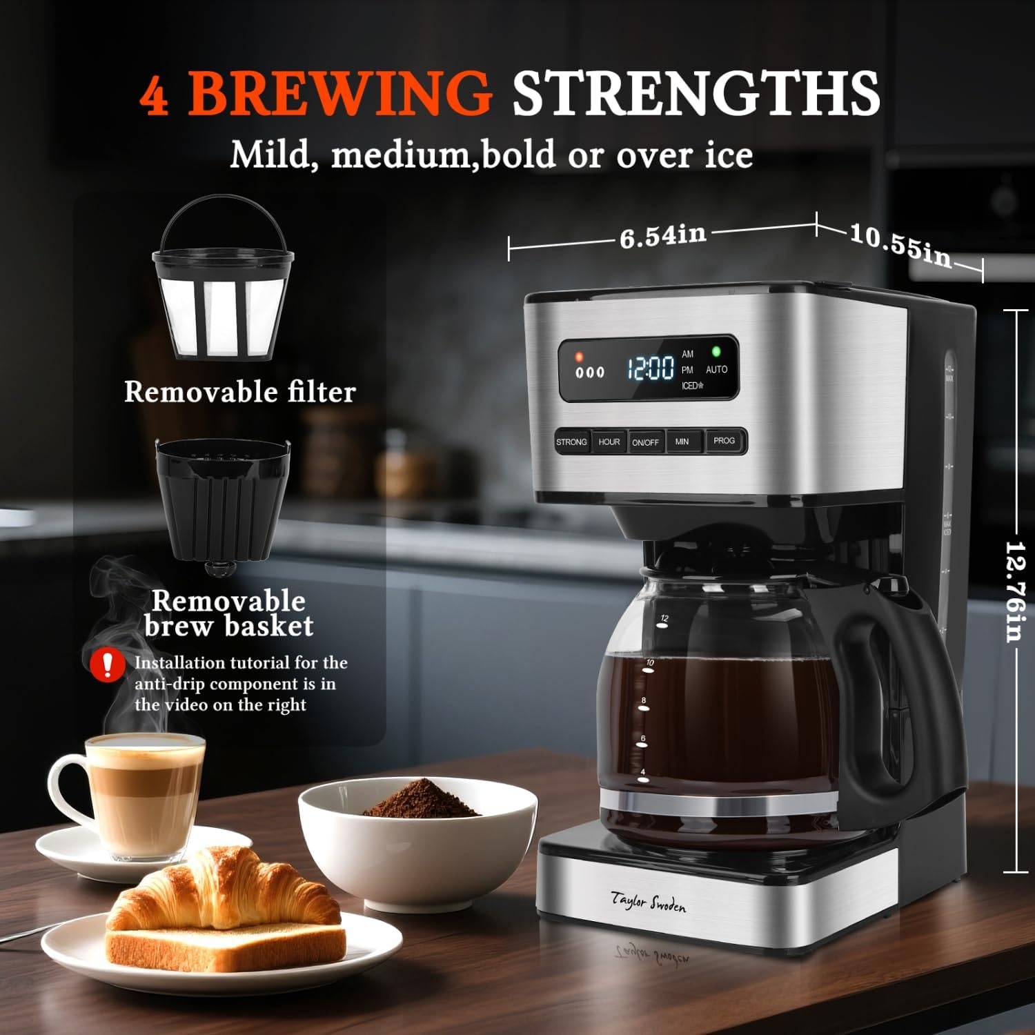 image:imageTaylor Swoden Programmable Coffee Makers 12 Cup Hot and Iced Coffee Maker 4 Brew Strength LED Display 24H Timer Keep WarmampAuto Shutoff Drip Coffee Machine for HomeOffice Gray amp Stainless SteelBlack