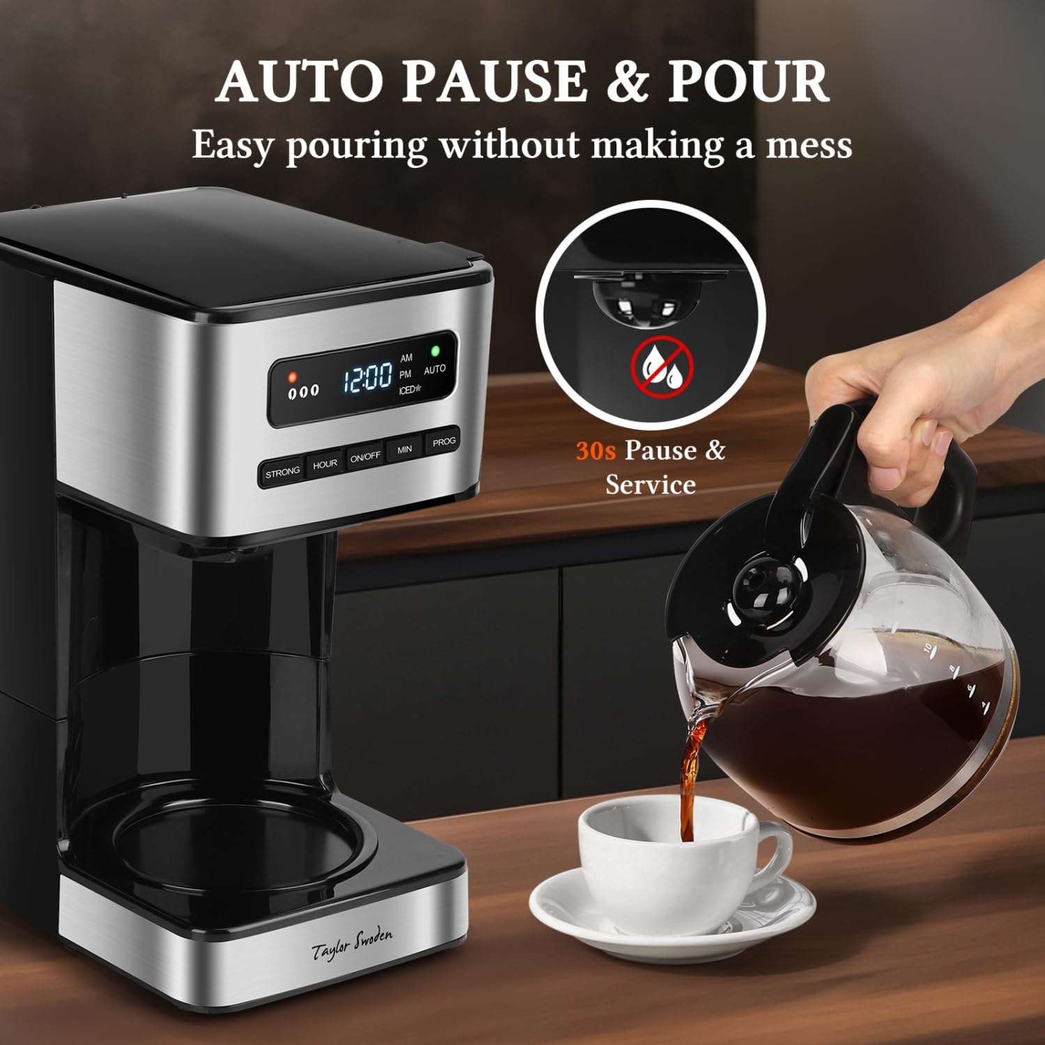 image:imageTaylor Swoden Programmable Coffee Makers 12 Cup Hot and Iced Coffee Maker 4 Brew Strength LED Display 24H Timer Keep WarmampAuto Shutoff Drip Coffee Machine for HomeOffice Gray amp Stainless SteelBlack