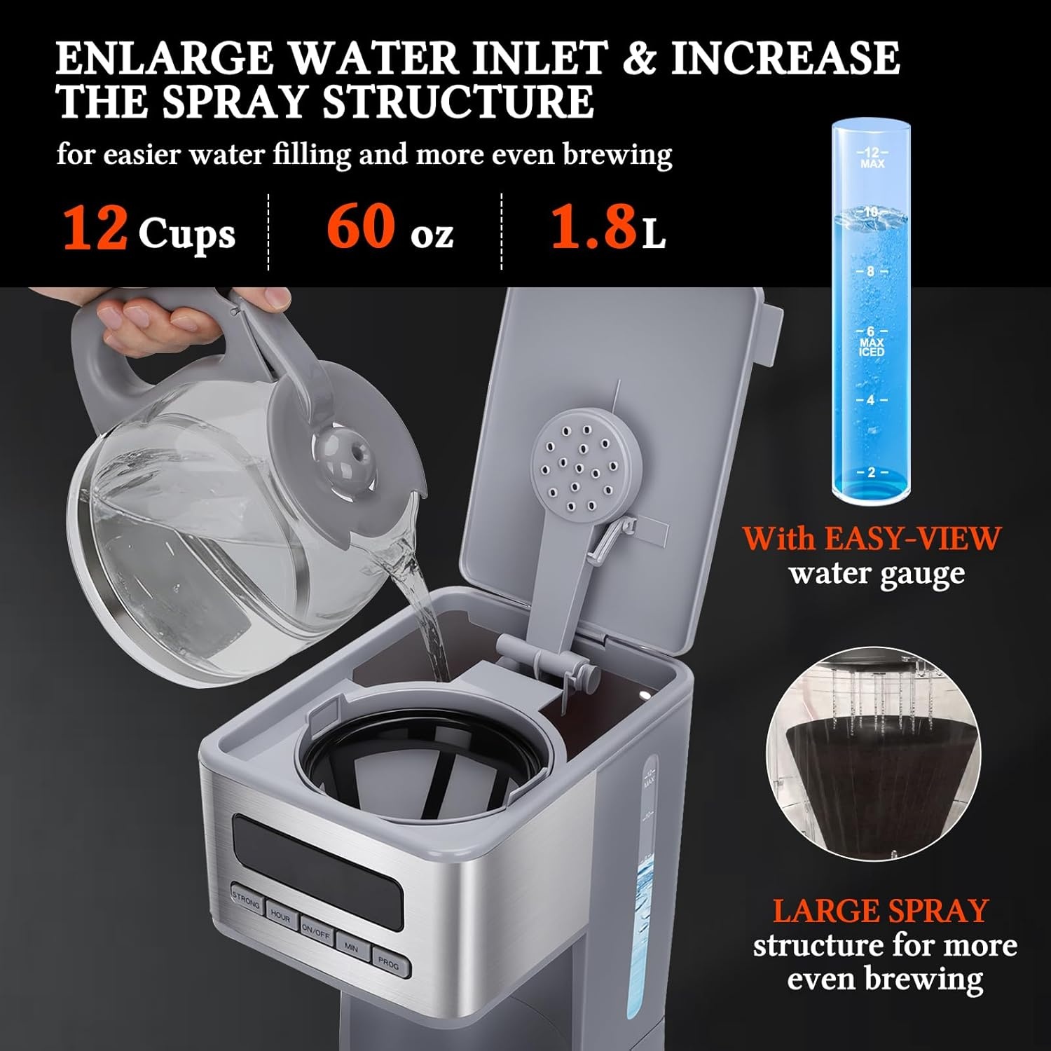 image:imageTaylor Swoden Programmable Coffee Makers 12 Cup Hot and Iced Coffee Maker 4 Brew Strength LED Display 24H Timer Keep WarmampAuto Shutoff Drip Coffee Machine for HomeOffice Gray amp Stainless SteelGray
