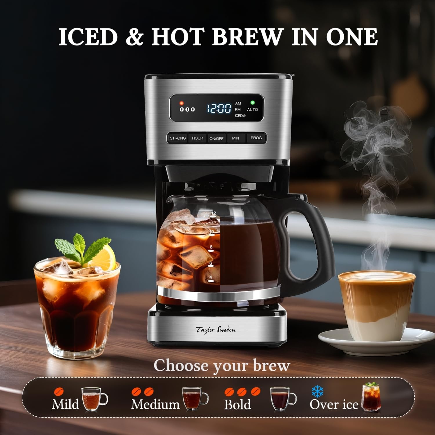 image:imageTaylor Swoden Programmable Coffee Makers 12 Cup Hot and Iced Coffee Maker 4 Brew Strength LED Display 24H Timer Keep WarmampAuto Shutoff Drip Coffee Machine for HomeOffice Gray amp Stainless SteelBlack