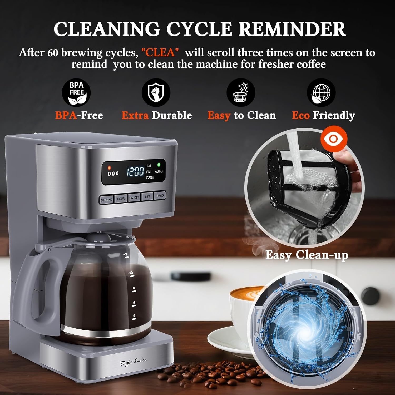 image:imageTaylor Swoden Programmable Coffee Makers 12 Cup Hot and Iced Coffee Maker 4 Brew Strength LED Display 24H Timer Keep WarmampAuto Shutoff Drip Coffee Machine for HomeOffice Gray amp Stainless SteelGray