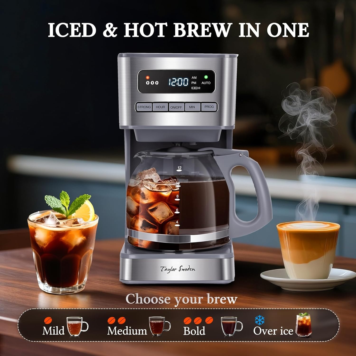 image:imageTaylor Swoden Programmable Coffee Makers 12 Cup Hot and Iced Coffee Maker 4 Brew Strength LED Display 24H Timer Keep WarmampAuto Shutoff Drip Coffee Machine for HomeOffice Gray amp Stainless SteelGray