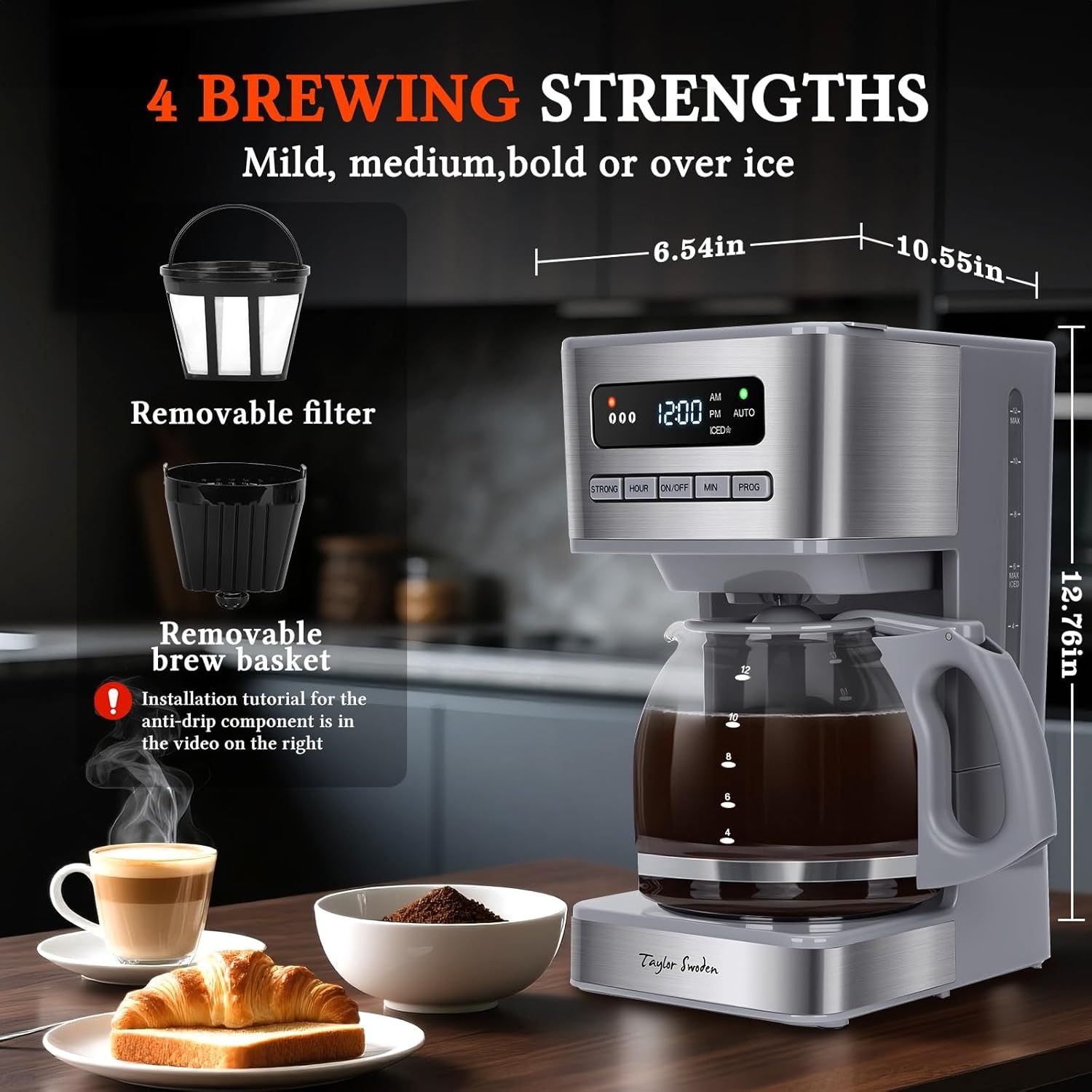 image:imageTaylor Swoden Programmable Coffee Makers 12 Cup Hot and Iced Coffee Maker 4 Brew Strength LED Display 24H Timer Keep WarmampAuto Shutoff Drip Coffee Machine for HomeOffice Gray amp Stainless SteelGray