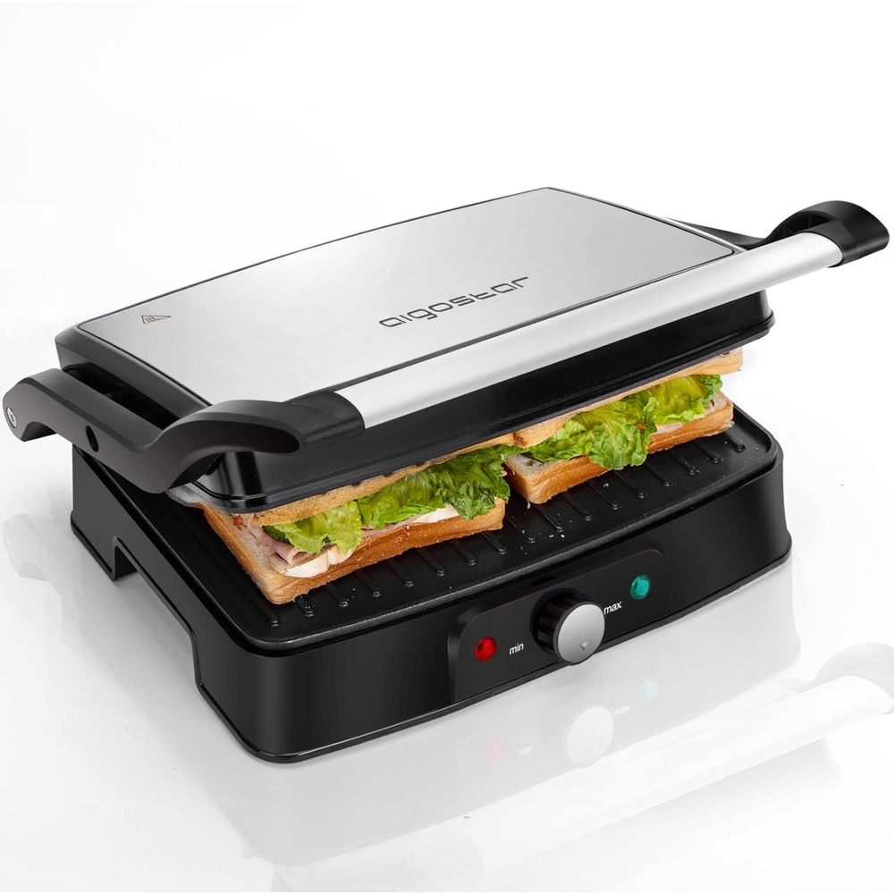 image:imageAigostar Electric Panini Press 1500W Stainless Steel Sandwich Maker with Adjustable Temperature Setting Opens 180 Degree Indoor Grill with Nonstick Plates Removable Drip Tray and Indicator Lights
