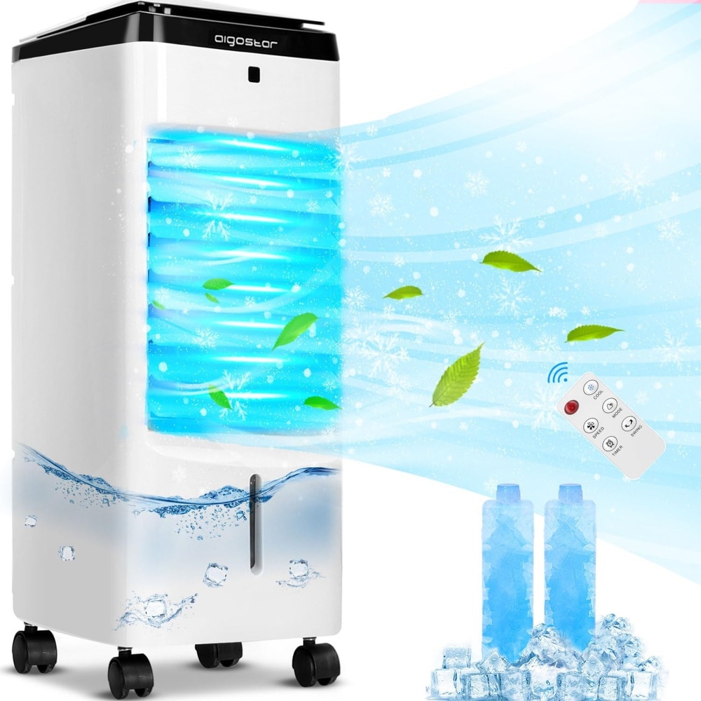 image:imageAigostar Evaporative Air Cooler 3 In 1 Windowless Portable Swamp Cooler with Remote Control Cooling Tower Fan with 3 Modes Humidification 3 Speeds 12H Timer 2 Water Tanks 65Oscillation
