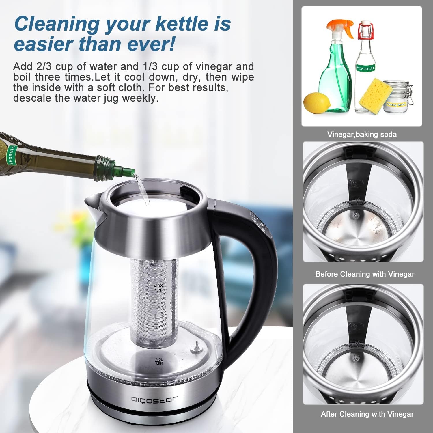image:imageAigostar Electric Kettle Tea Kettle with Temperature Control and Tea Infuser 1500W Hot Water Kettle with Variable Temperature Keep Warm Function LED Indicator Light Change Auto ShutOff 17LBlack