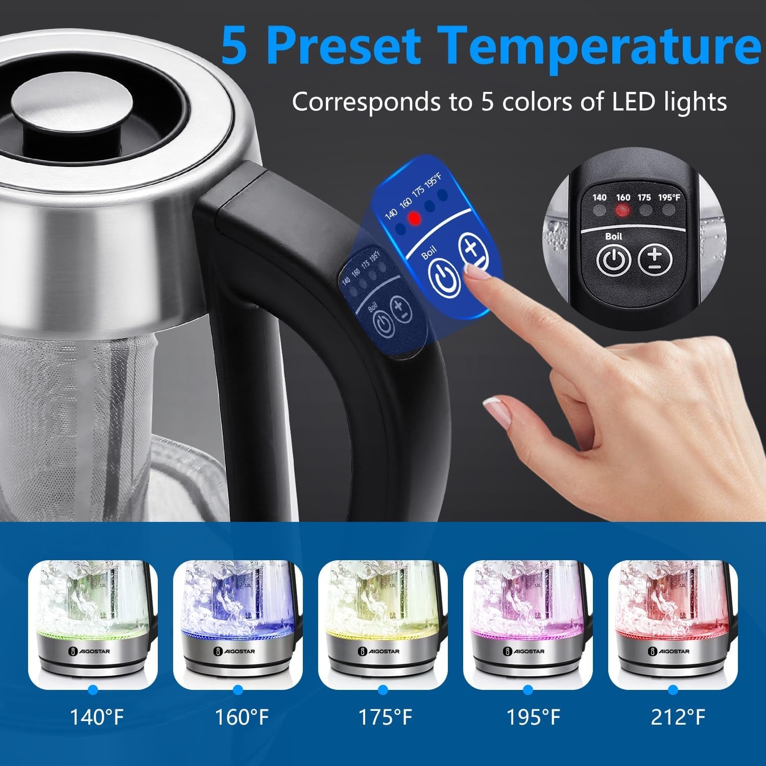 image:imageAigostar Electric Kettle Tea Kettle with Temperature Control and Tea Infuser 1500W Hot Water Kettle with Variable Temperature Keep Warm Function LED Indicator Light Change Auto ShutOff 17LBlack