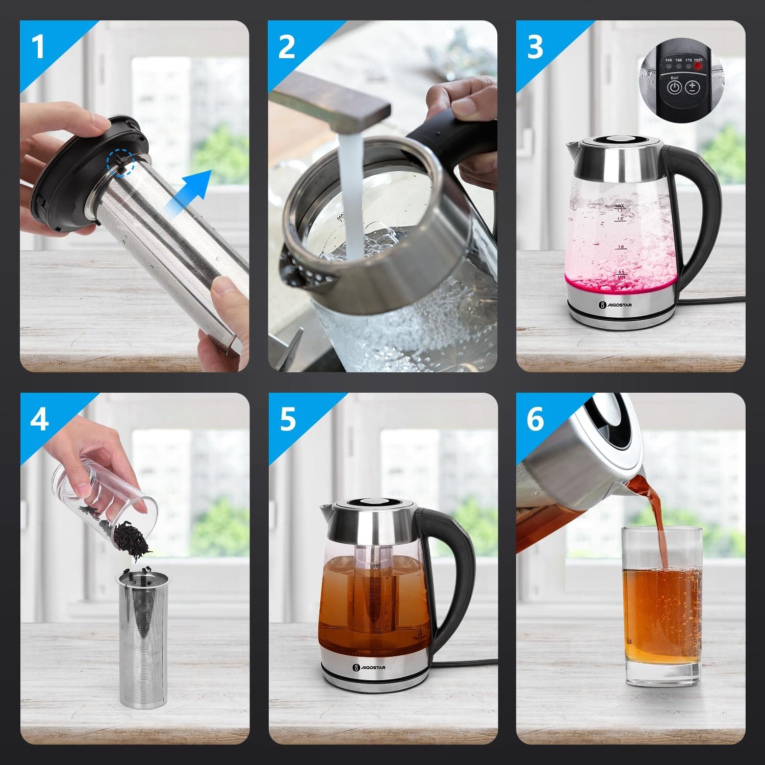 image:imageAigostar Electric Kettle Tea Kettle with Temperature Control and Tea Infuser 1500W Hot Water Kettle with Variable Temperature Keep Warm Function LED Indicator Light Change Auto ShutOff 17LBlack