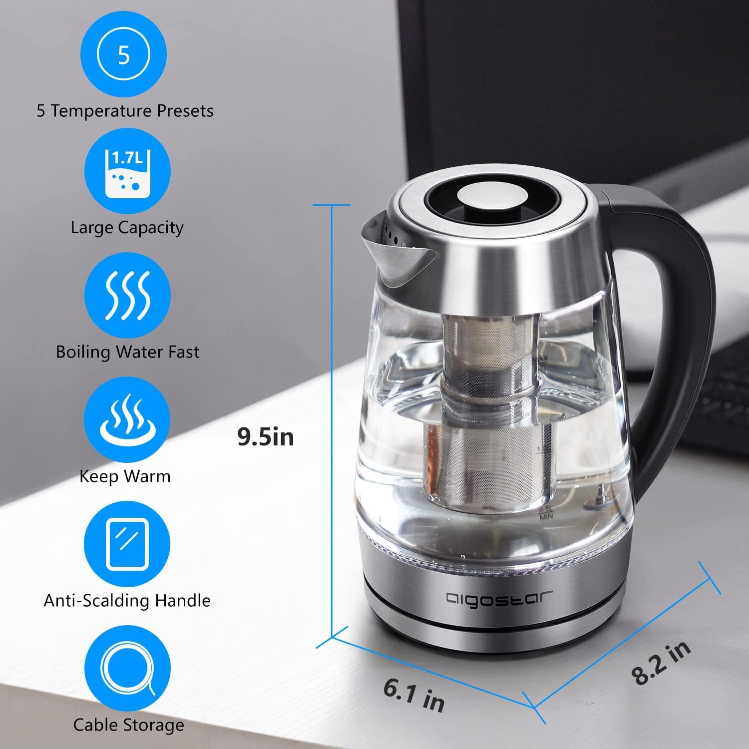 image:imageAigostar Electric Kettle Tea Kettle with Temperature Control and Tea Infuser 1500W Hot Water Kettle with Variable Temperature Keep Warm Function LED Indicator Light Change Auto ShutOff 17LBlack
