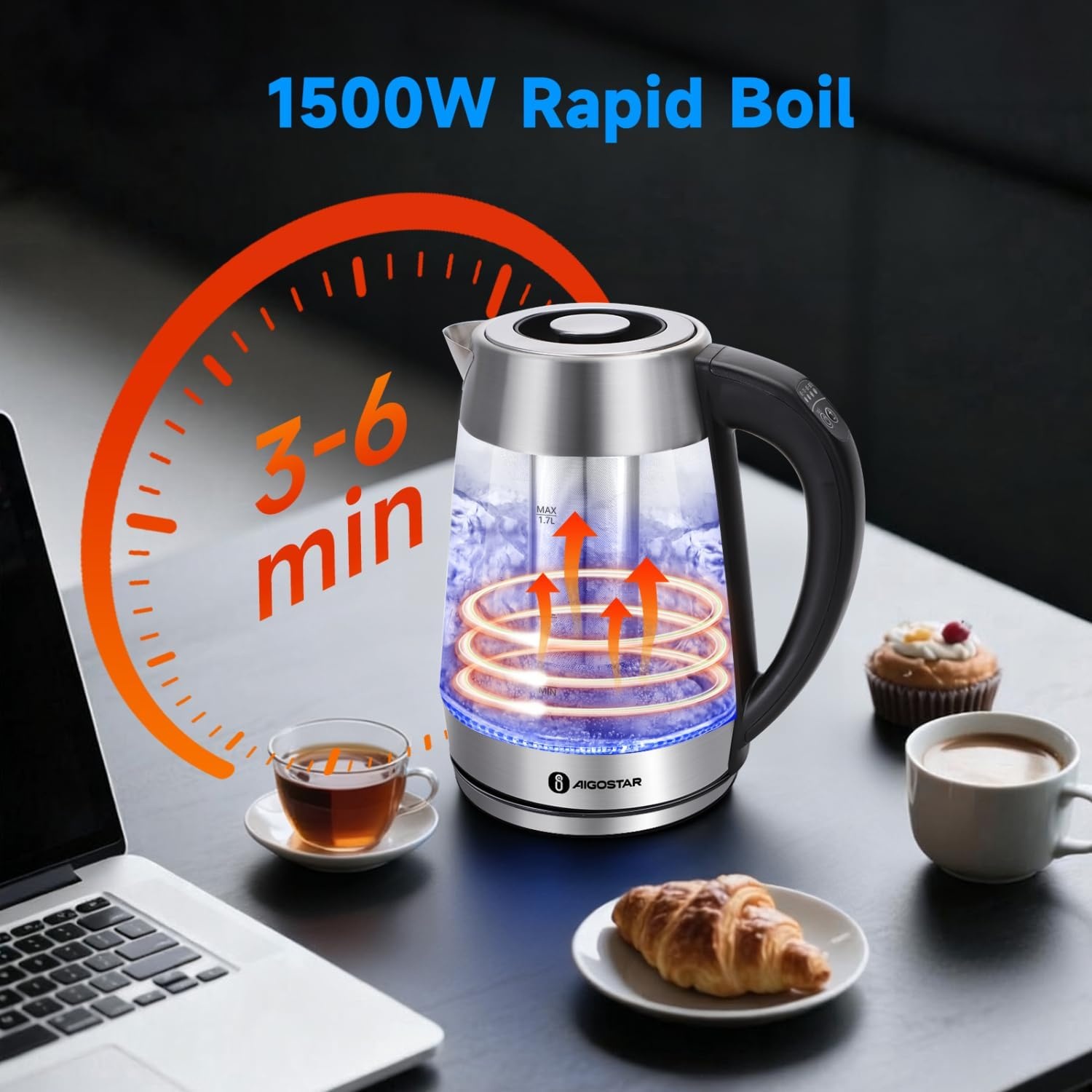 image:imageAigostar Electric Kettle Tea Kettle with Temperature Control and Tea Infuser 1500W Hot Water Kettle with Variable Temperature Keep Warm Function LED Indicator Light Change Auto ShutOff 17LBlack