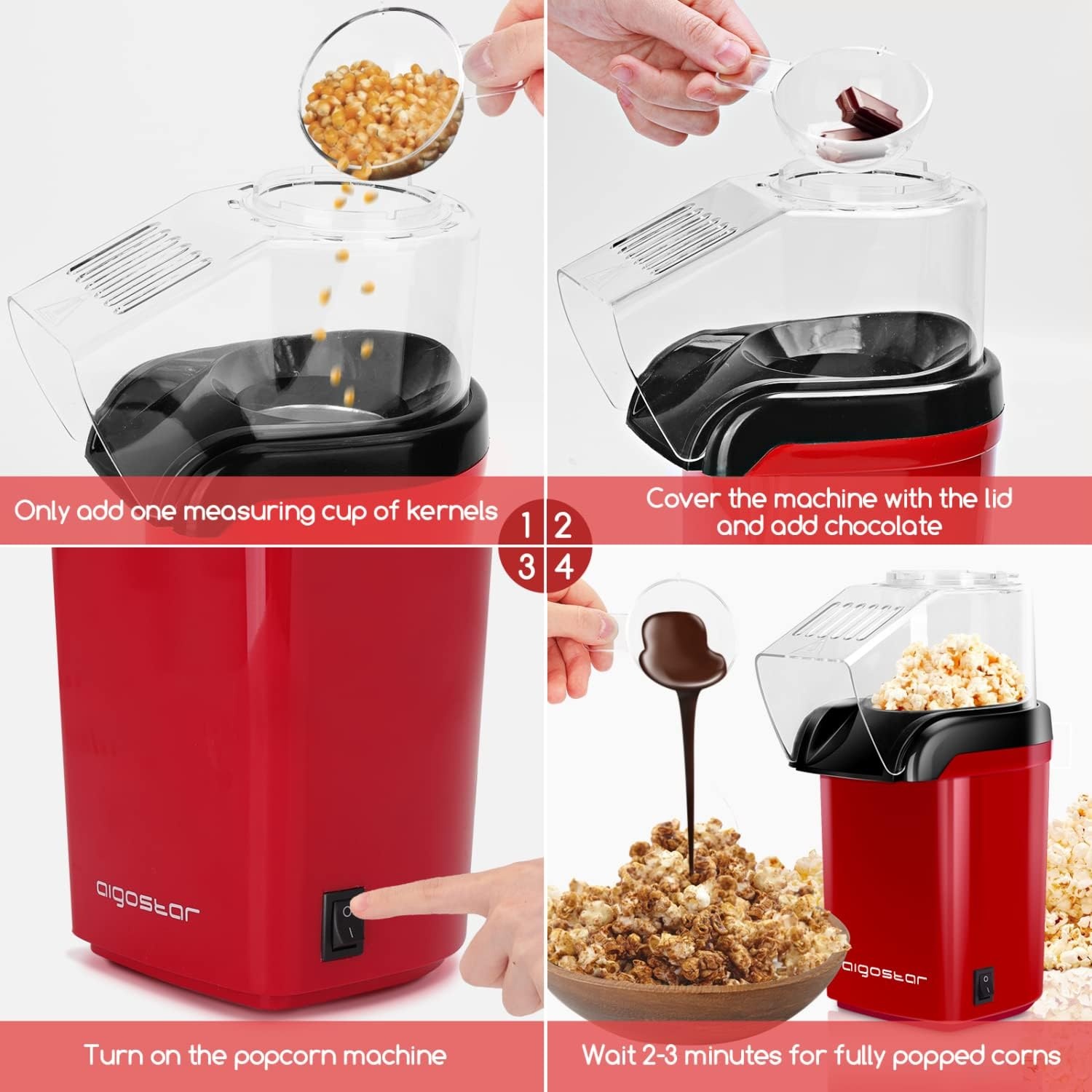 image:imageAigostar Popcorn Maker Machine Hot Air Popcorn Popper with Measuring Cup amp Popcorn Bag 2 Minutes Fast BPAFree No Oil Healthy Snacks for Kids Adults ETL Certificated 1200W Red