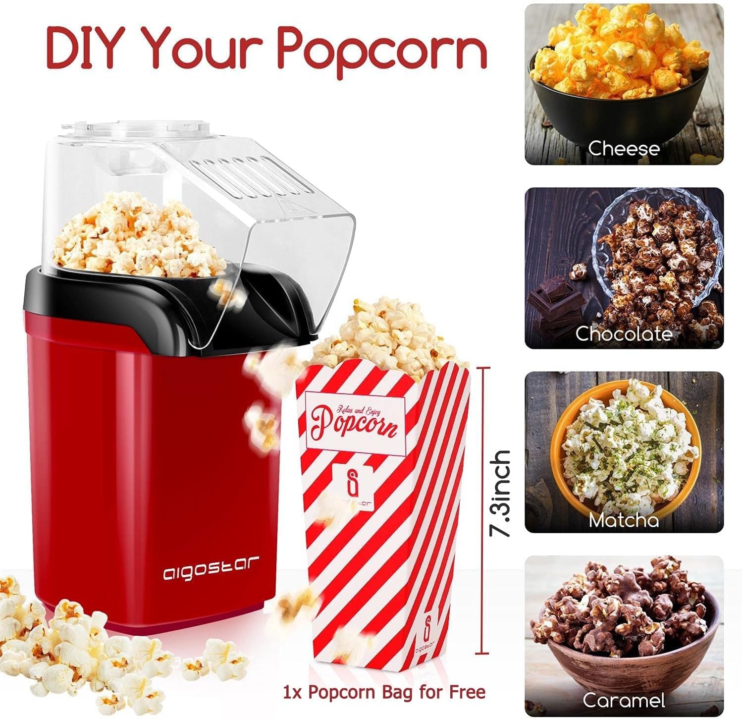 image:imageAigostar Popcorn Maker Machine Hot Air Popcorn Popper with Measuring Cup amp Popcorn Bag 2 Minutes Fast BPAFree No Oil Healthy Snacks for Kids Adults ETL Certificated 1200W Red