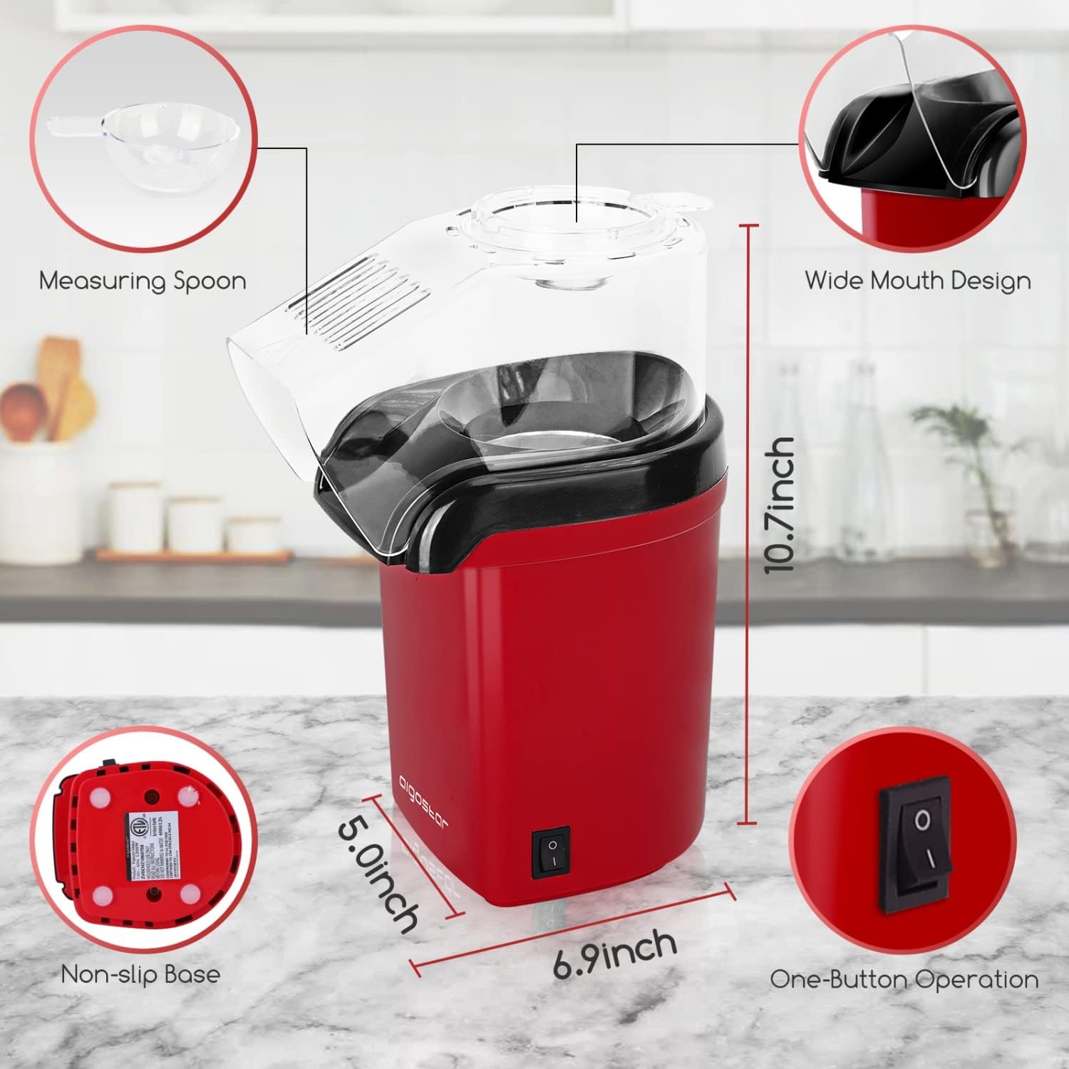 image:imageAigostar Popcorn Maker Machine Hot Air Popcorn Popper with Measuring Cup amp Popcorn Bag 2 Minutes Fast BPAFree No Oil Healthy Snacks for Kids Adults ETL Certificated 1200W Red
