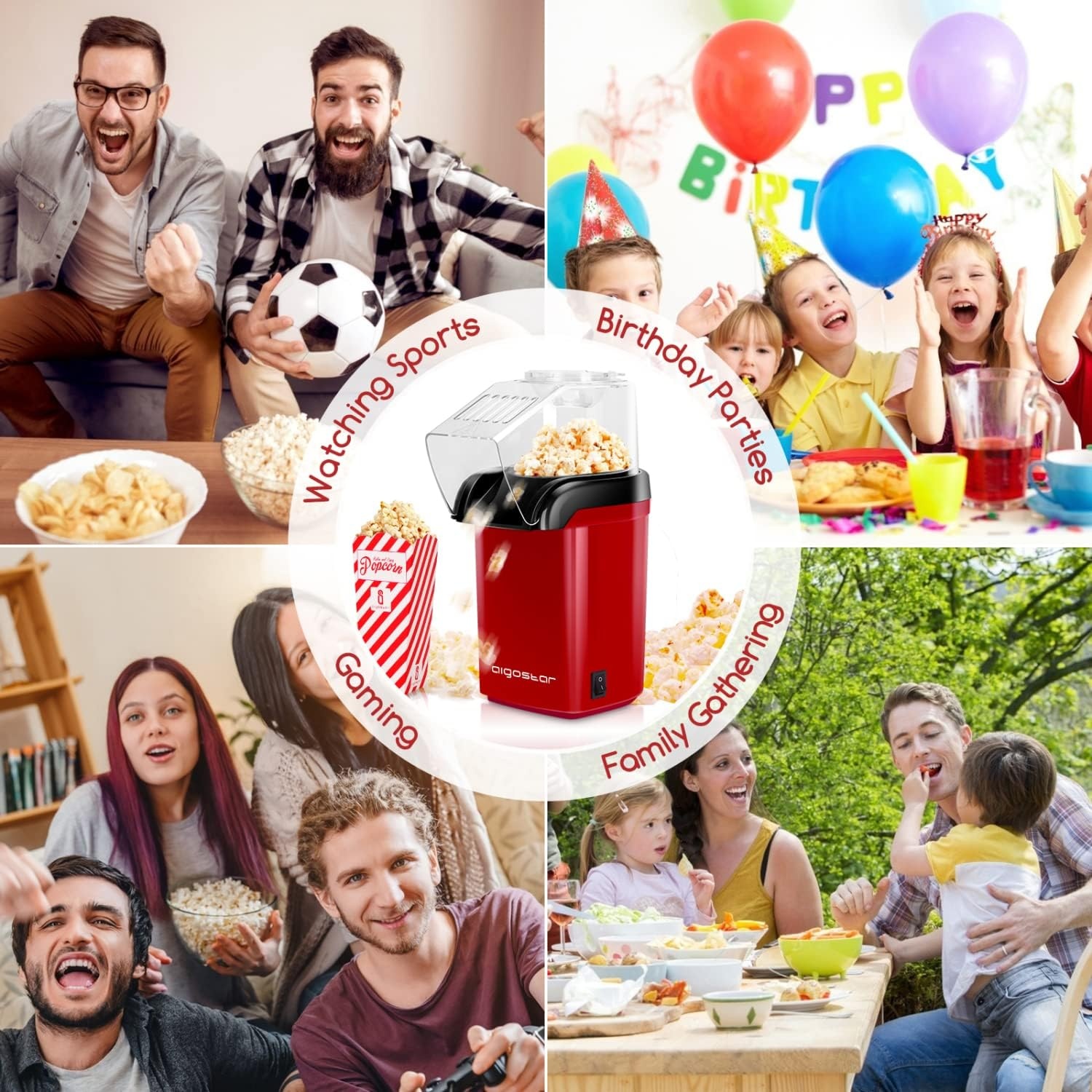 image:imageAigostar Popcorn Maker Machine Hot Air Popcorn Popper with Measuring Cup amp Popcorn Bag 2 Minutes Fast BPAFree No Oil Healthy Snacks for Kids Adults ETL Certificated 1200W Red