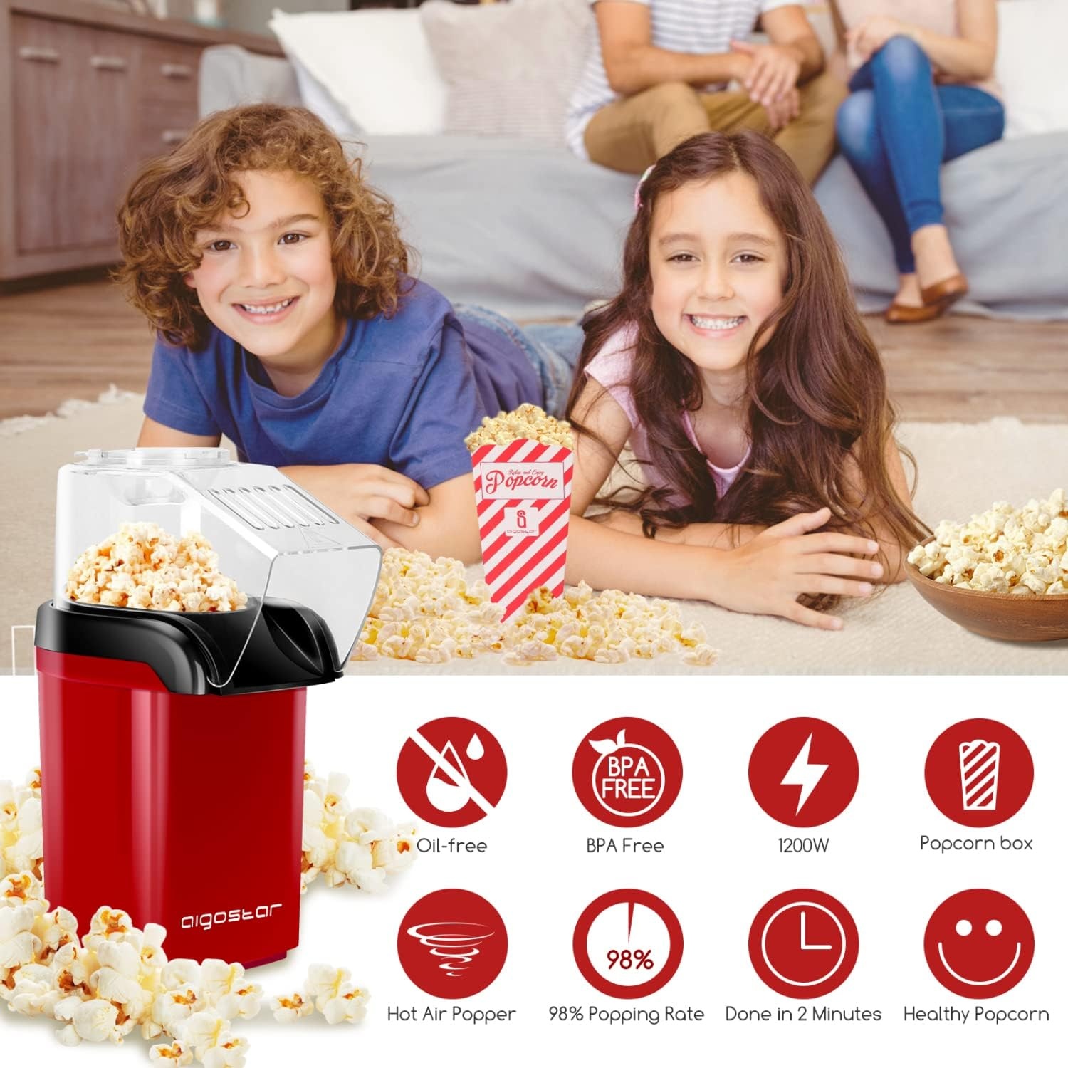 image:imageAigostar Popcorn Maker Machine Hot Air Popcorn Popper with Measuring Cup amp Popcorn Bag 2 Minutes Fast BPAFree No Oil Healthy Snacks for Kids Adults ETL Certificated 1200W Red