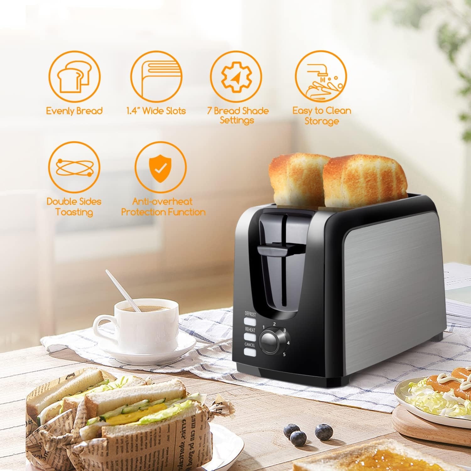 image:imageAigostar Toaster 2 Slice Waffle Maker Wide Slots Best Rated Prime Toasters Waffle Irons Compact Stainless Steel Bread Toaster ReheatDefrostCancel Functions 7Shade Control amp Removable Crumb Tray