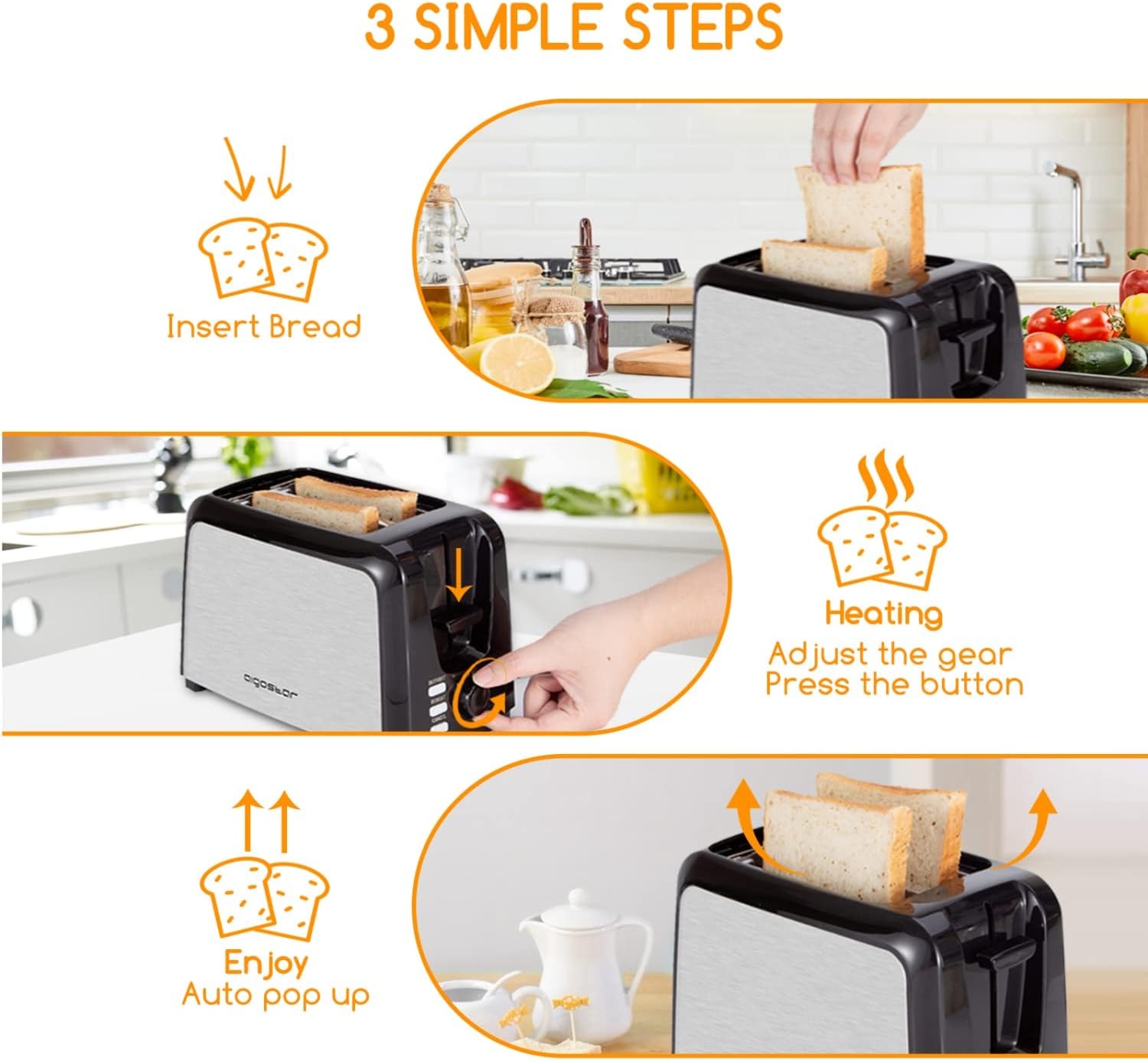 image:imageAigostar Toaster 2 Slice Waffle Maker Wide Slots Best Rated Prime Toasters Waffle Irons Compact Stainless Steel Bread Toaster ReheatDefrostCancel Functions 7Shade Control amp Removable Crumb Tray
