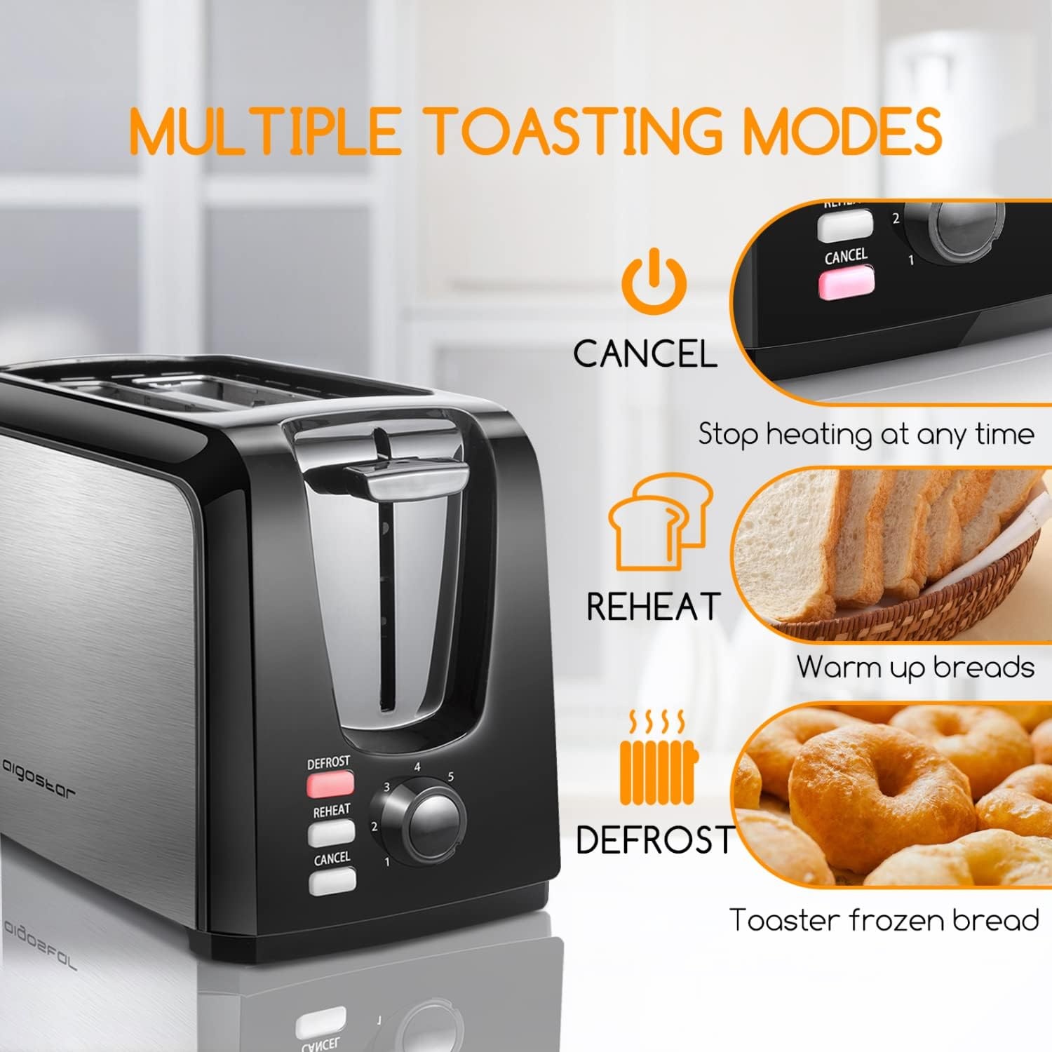 image:imageAigostar Toaster 2 Slice Waffle Maker Wide Slots Best Rated Prime Toasters Waffle Irons Compact Stainless Steel Bread Toaster ReheatDefrostCancel Functions 7Shade Control amp Removable Crumb Tray
