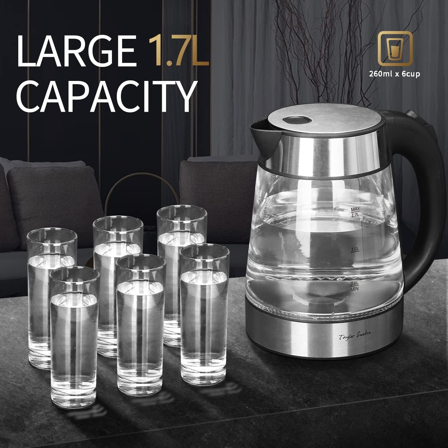 image:imageTaylor Swoden Glass Hot Water Kettle Electric for Tea and Coffee 17 Liter Fast Boiling Electric Kettle Cordless Water Boiler with Auto Shutoff amp Boil Dry Protection18 Quarts