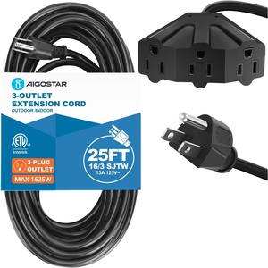 image:imageAigostar Extension Cord 25 FT 3 in 1 Multiple Outlet 16 Gauge Indoor Outdoor Long Electric Cords Flexible Cold Weather 3 Prong Heavy Duty Power Cable 13A 1625W 125V 163AWG SJTW ETL Listed Black