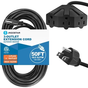 image:imageAigostar Extension Cord 50 FT 3 in 1 Multiple Outlet 163AWG SJTW Black Long Electric Cord Flexible Cold Weather 3 Prong All Weather Heavy Duty Power Strip Indoor Outdoor 13A 1625W 125V ETL Listed