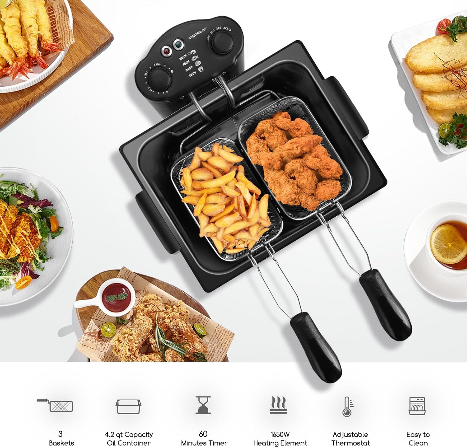 image:imageAigostar Deep Fryer with 3 Baskets and Lid Electric Deep Fat Fryers with Timer and Temperature 42Qt Oil Large Capacity1650W